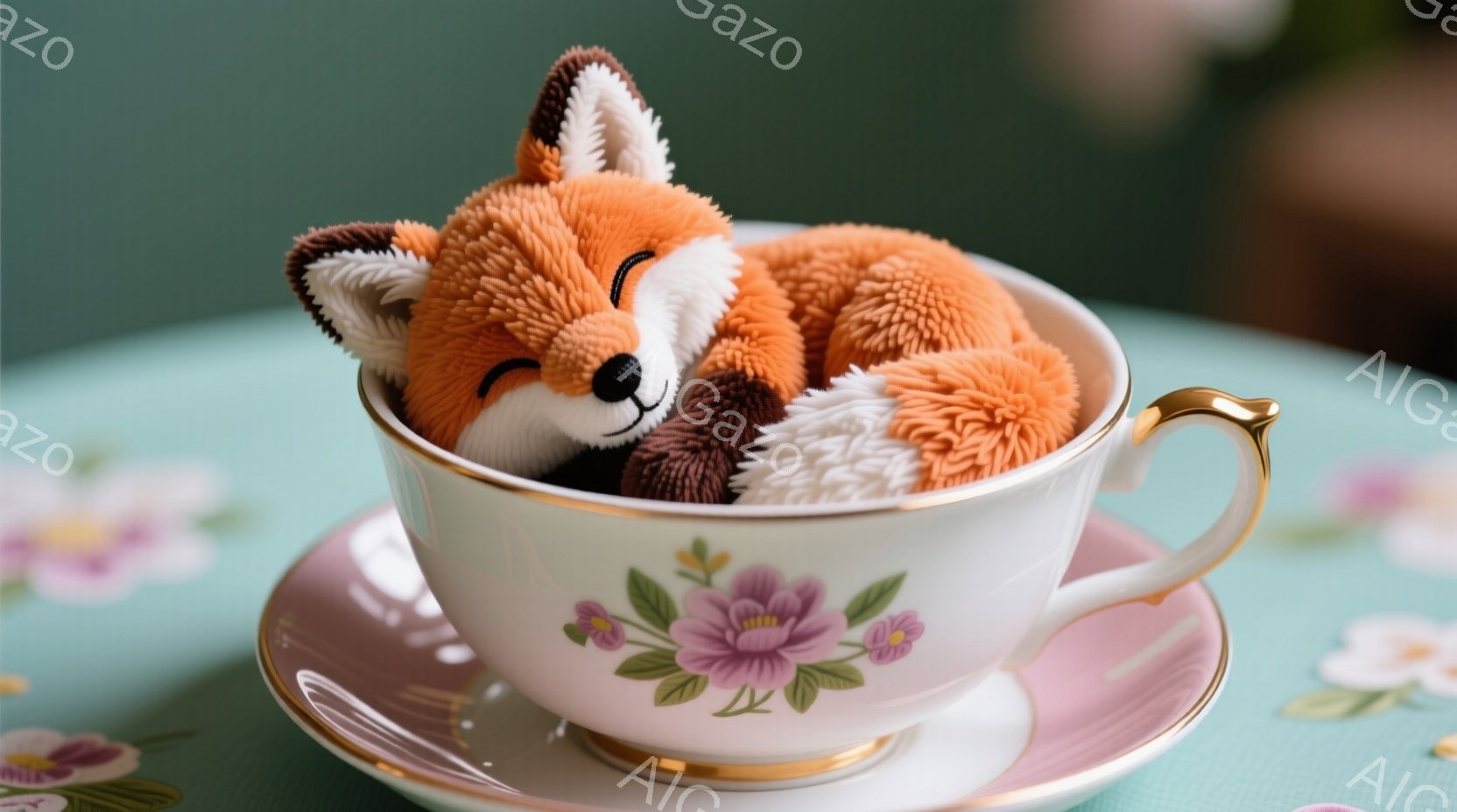 オレンジ色の毛並みの小さなキツネが、白地にピンクの花柄が描かれたティーカップの中に丸まって眠っています。カップは金色の縁取りがあり、ピンク色のソーサーの上に置かれています。背景は淡い緑色のテーブルクロ - AI生成フリー素材