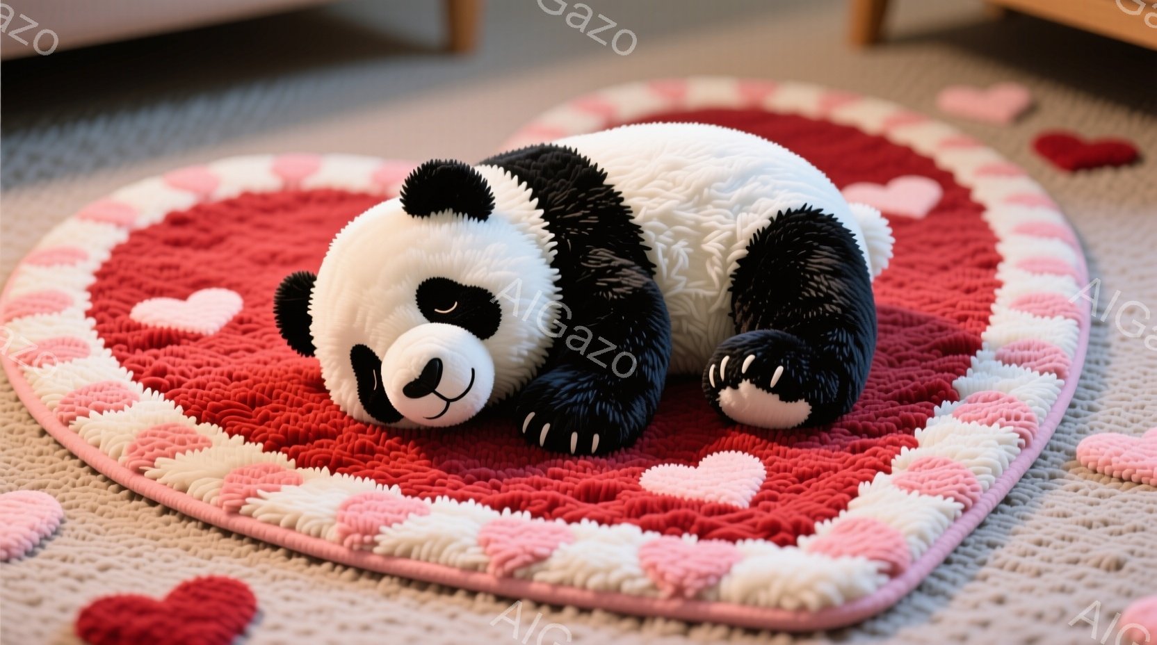 赤いハート柄のふわふわしたラグの上に、パンダのぬいぐるみがお腹を上にして横たわっています。パンダは黒と白のコントラストがはっきりしており、丸いシルエットで可愛らしい表情をしています。背景はグレーのカーペットで、全体的に暖かく、優しい雰囲気を醸し出しています。