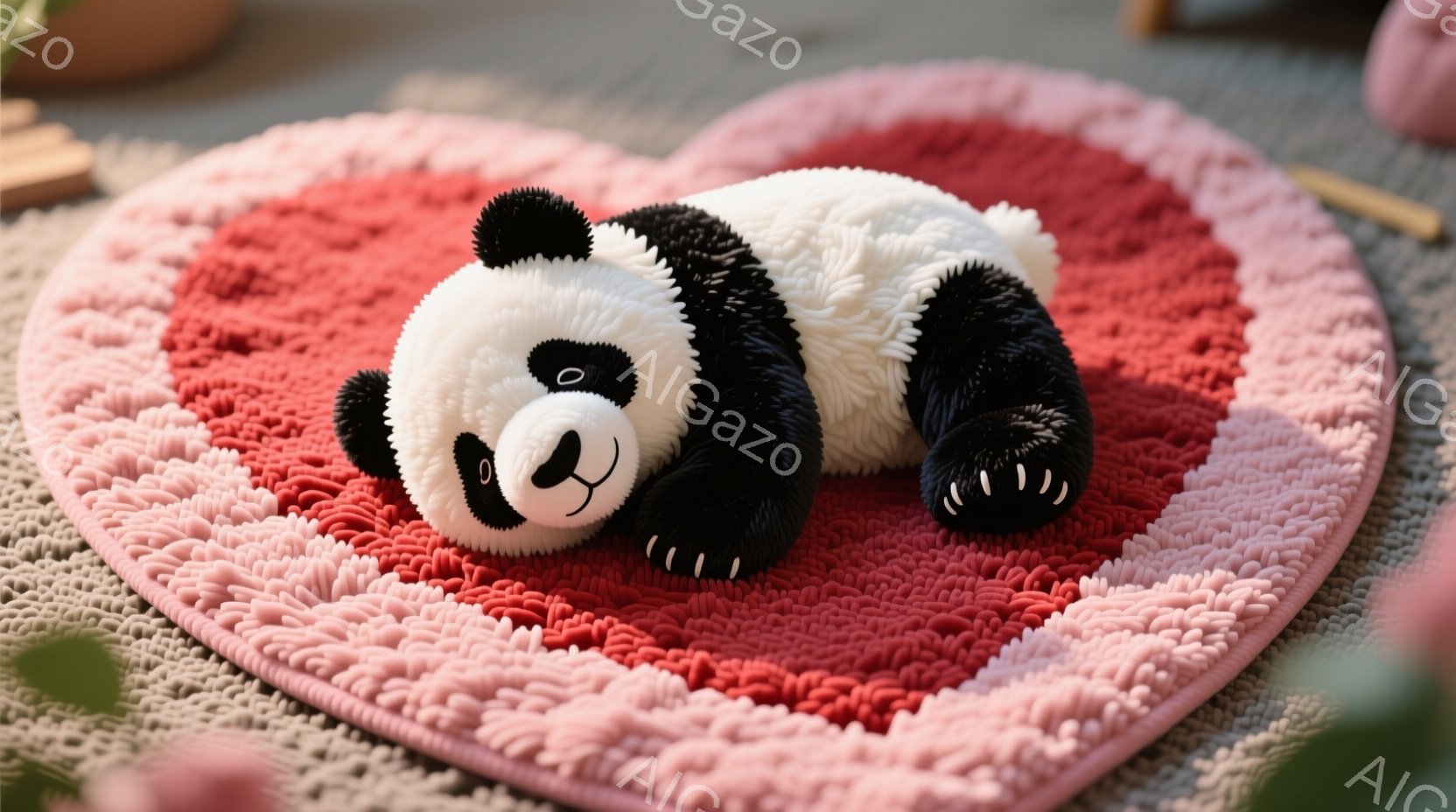 鮮やかなピンクと赤色の円形のフリンジ付きラグの上に、パンダのぬいぐるみがお腹を上にして横たわっています。パンダは黒い目と鼻を持ち、可愛らしい表情で、リラックスした姿勢を見せています。背景はぼやけていますが、明るい自然光が差し込み、暖かく穏やかな雰囲気を醸し出しています。