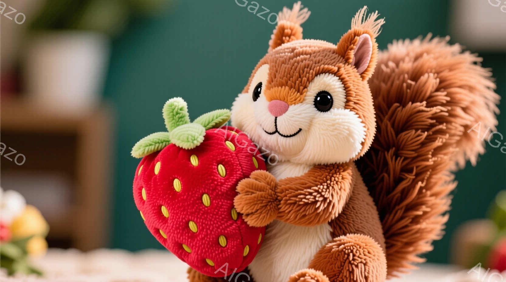 ふわふわの茶色いリスのぬいぐるみは、大きな赤いイチゴを抱きしめています。その表情はとても穏やかで、丸い目と小さな鼻が可愛らしさを引き立てています。背景にはぼやけた緑色の壁と、他のぬいぐるみの一部が見え - AI生成フリー素材
