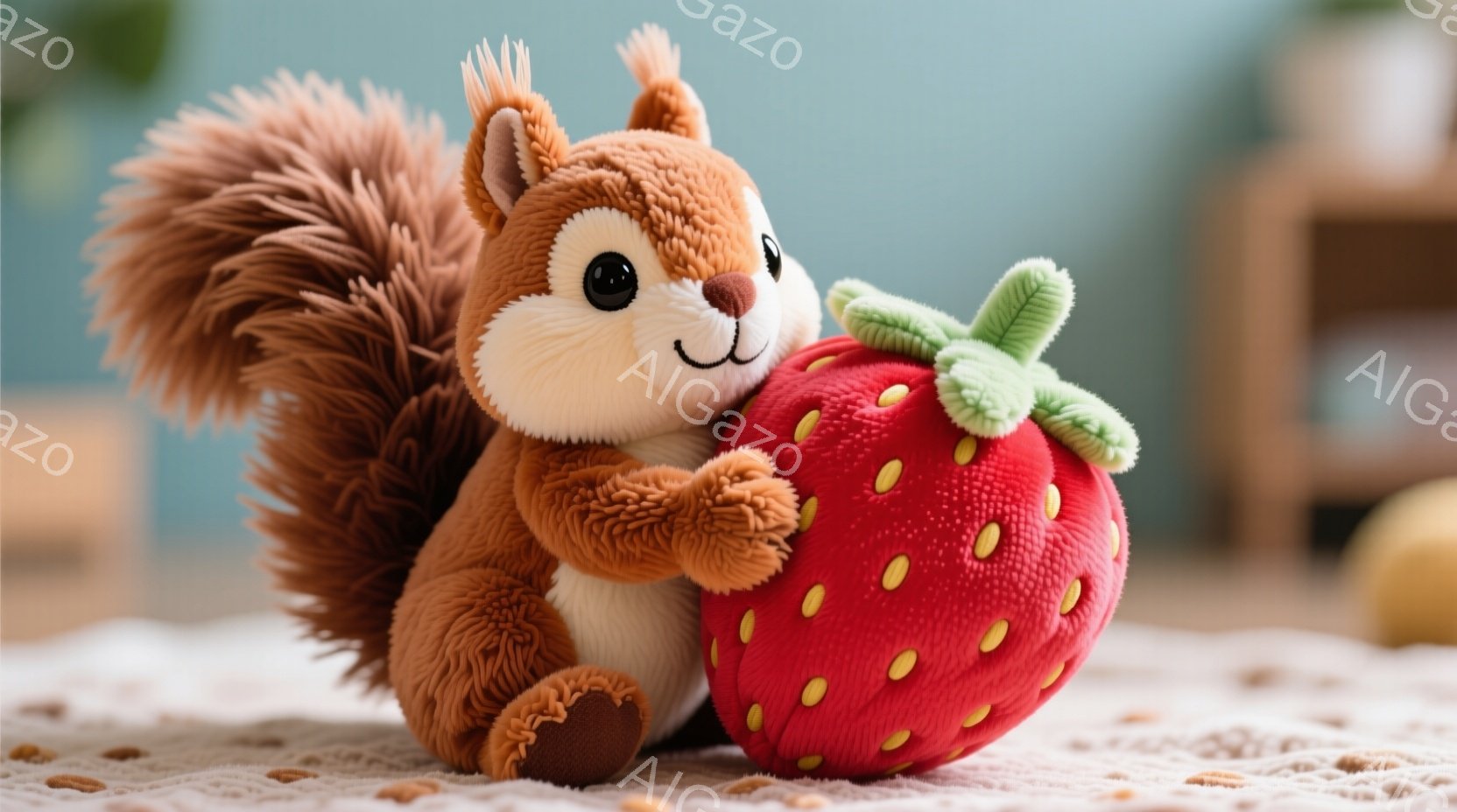 ぬいぐるみのかわいいリスが、大きなイチゴのぬいぐるみを抱きかかえています。リスは茶色い毛並みで、ふさふさとした尻尾が特徴的です。背景は淡いピンク色のカーペットで、全体的に温かく、優しい雰囲気です。 - AI生成フリー素材