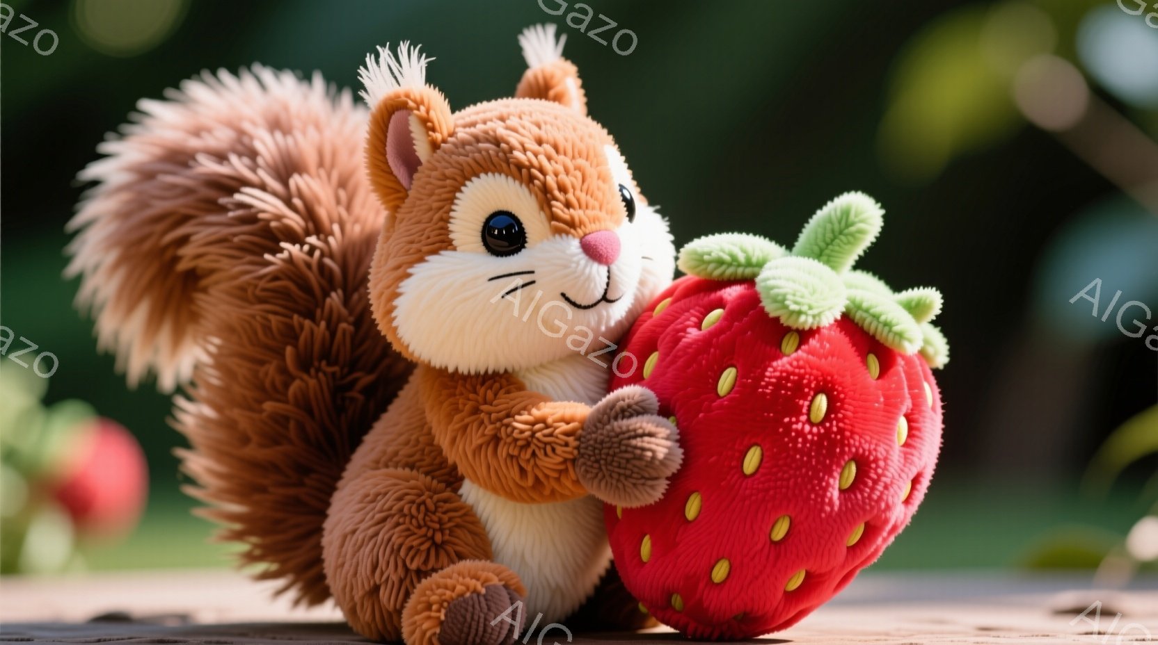 ふわふわの茶色のリスのぬいぐるみと、大きく赤いイチゴのぬいぐるみが写っています。リスは前足でイチゴを抱え込み、嬉しそうな表情をしています。背景は木製のテーブルと緑色の背景で、暖かく可愛らしい雰囲気です - AI生成フリー素材