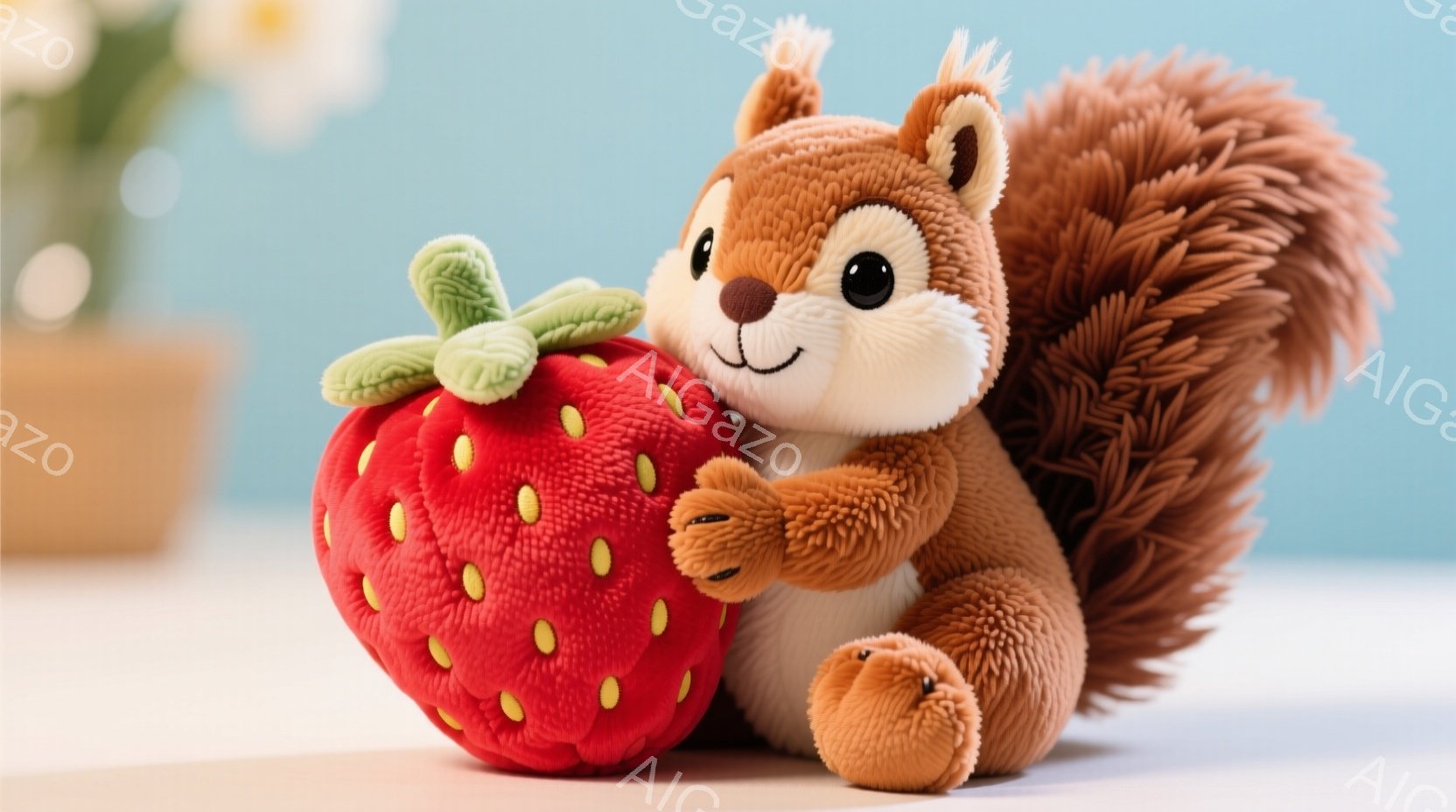 ふわふわの茶色のリスのぬいぐるみと、大きな赤いイチゴのぬいぐるみが写っています。リスは両手でイチゴを抱きしめ、満面の笑みを浮かべています。背景は水色の壁で、ぼやけた花瓶が置かれており、全体的に温かく可 - AI生成フリー素材