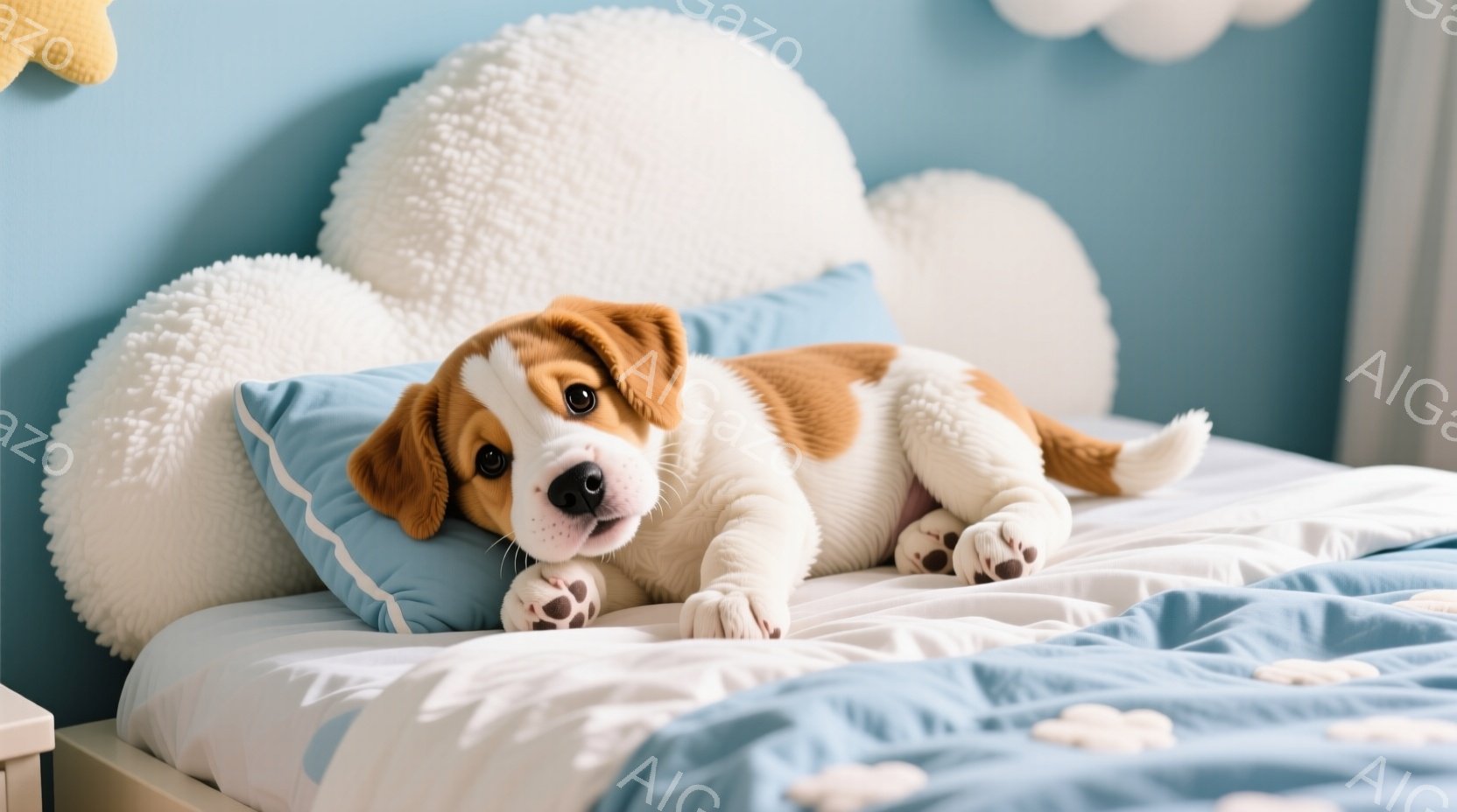 白と茶色のパッチのある子犬が、水色のベッドの上でリラックスして横たわっています。子犬は前足を伸ばし、穏やかな表情でカメラを見ています。背景にはふわふわの白い枕と水色のベッドカバーが見られ、全体的に暖かく穏やかな雰囲気です。