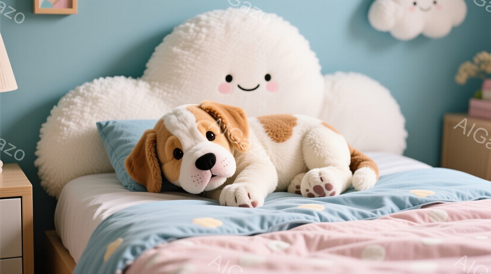 柔らかい青いベッドの上に、茶色と白の毛並みの犬のぬいぐるみがお腹を向けて横たわっています。背景にはふわふわの白い雲のクッションと、淡いピンクと青のストライプのベッドカバーが見え、優しく穏やかな雰囲気を - AI生成フリー素材