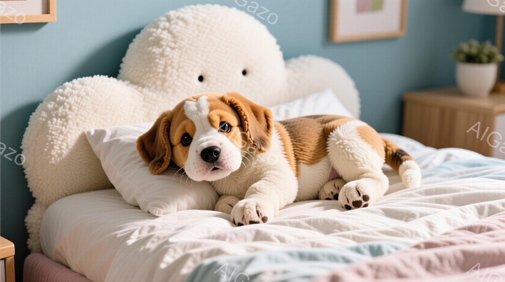 白いベッドの上に、茶色と白の毛並みを持つ子犬が横たわっています。子犬はリラックスした様子で、前足を伸ばし、穏やかな表情でカメラを見つめています。背景には、ふわふわの白いクマのぬいぐるみと、植物が置かれ - AI生成フリー素材