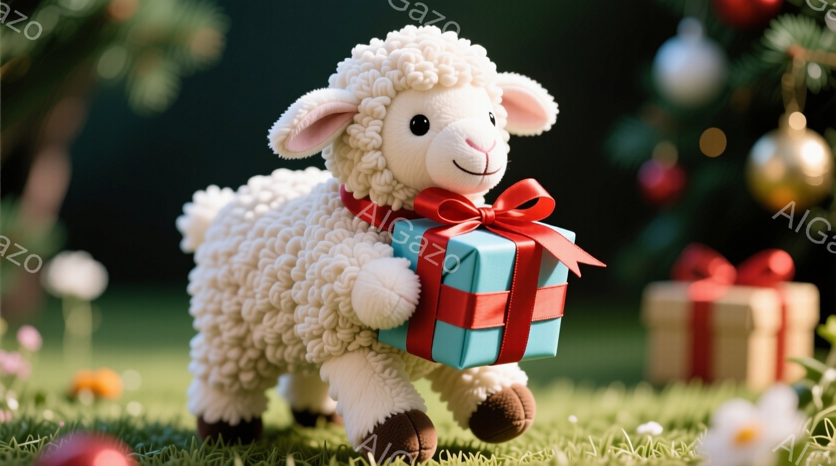 ふわふわの白い羊が、ターコイズブルーの赤いリボンが付いたプレゼントを抱えています。緑の草の上に立っており、背景にはぼやけたクリスマスツリーと他のプレゼントが見えます。全体的に、暖かく、お祝いの雰囲気で - AI生成フリー素材
