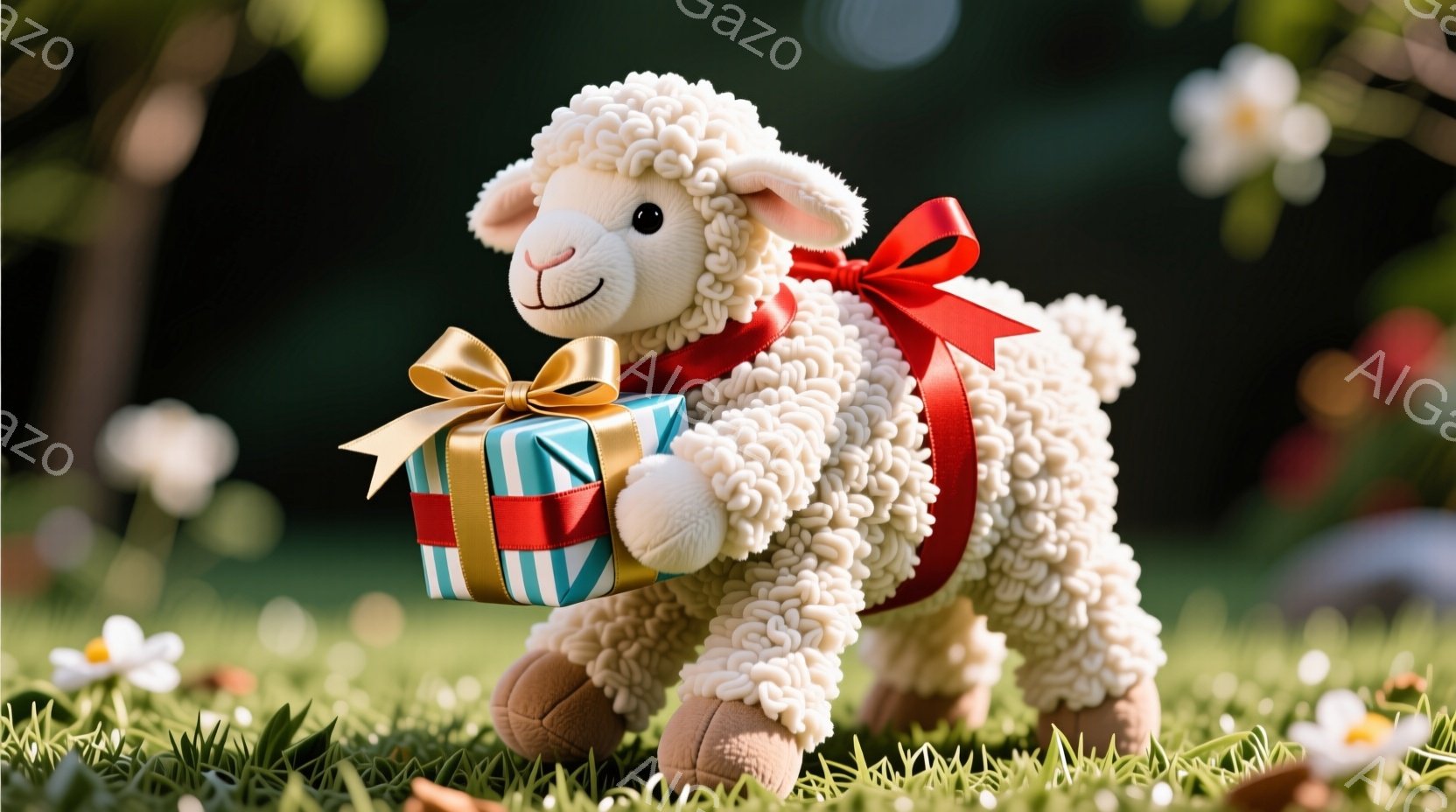 白い羊が緑の草の上に立っており、赤いリボンを首に巻いています。その羊は両手に青と緑の包装紙で包まれた、金色のリボンが付いたプレゼントを持っています。背景にはぼやけた緑の葉と白の花があり、穏やかで優しい雰囲気を醸し出しています。