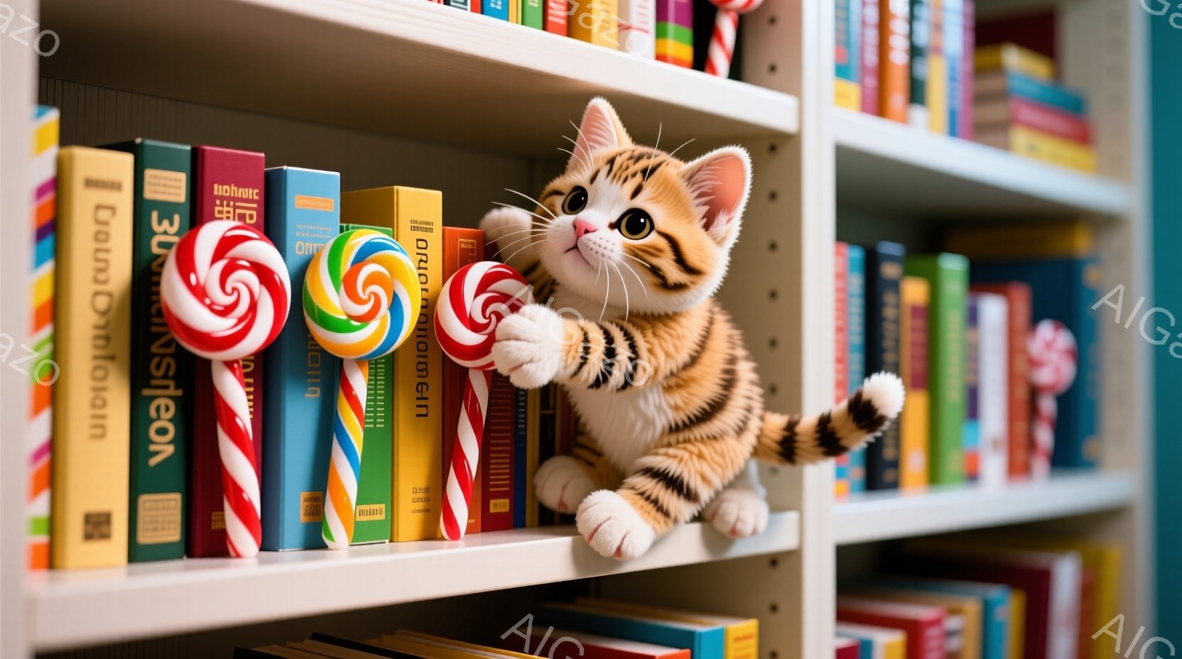 オレンジと白の縞模様の小さな子猫が、カラフルなキャンディーを両手で掴んで、本棚から顔を出しています。子猫は好奇心と遊び心いっぱいの表情で、まるでキャンディーを手に入れようと必死になっているようです。背 - AI生成フリー素材