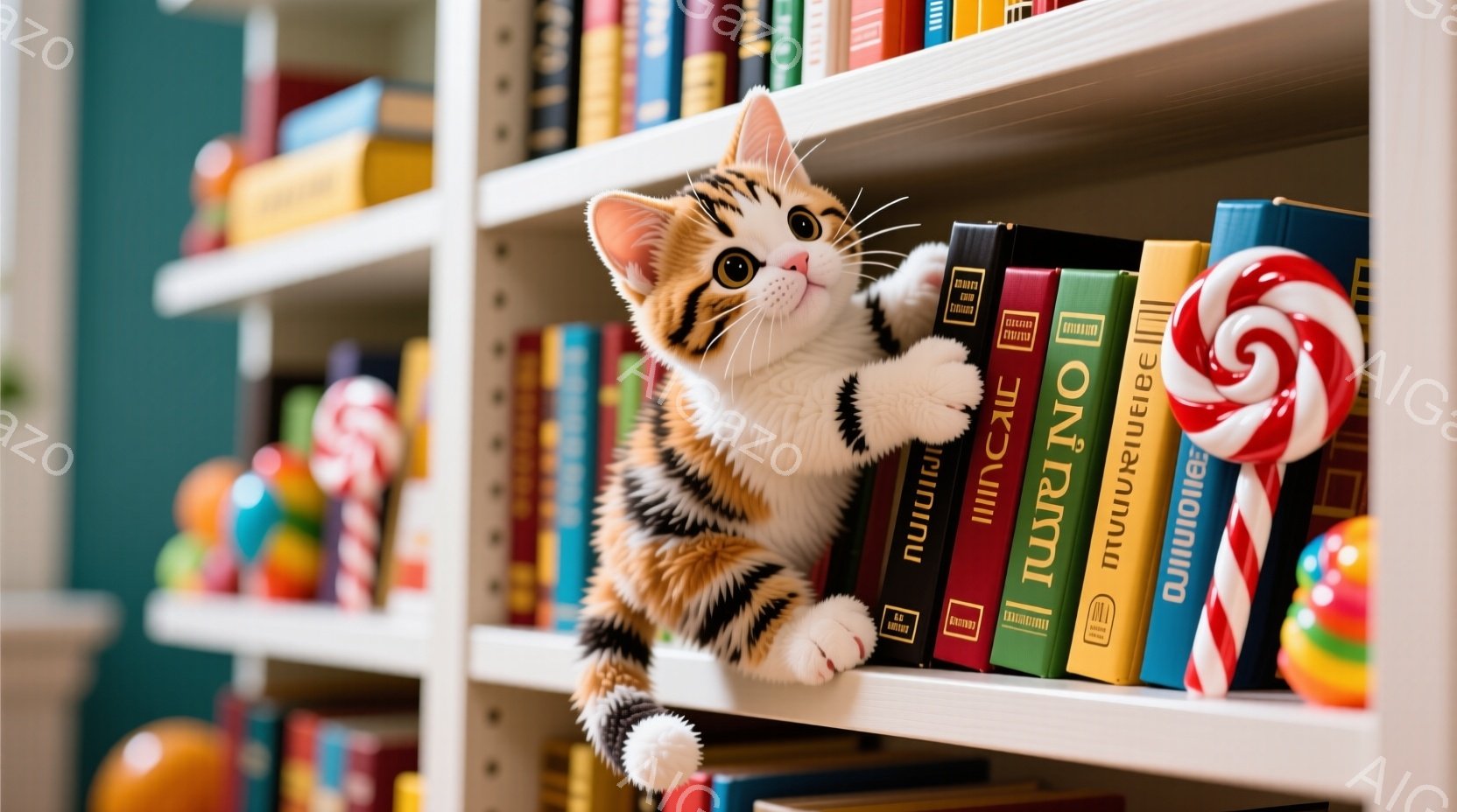 白い本棚にオレンジと白の縞模様の小さな子猫が、体を伸ばしてぶら下がっている様子が写っている。子猫は好奇心と遊び心に満ちた表情で、周りのカラフルな本やキャンディのおもちゃを見つめている。背景は明るく、温 - AI生成フリー素材
