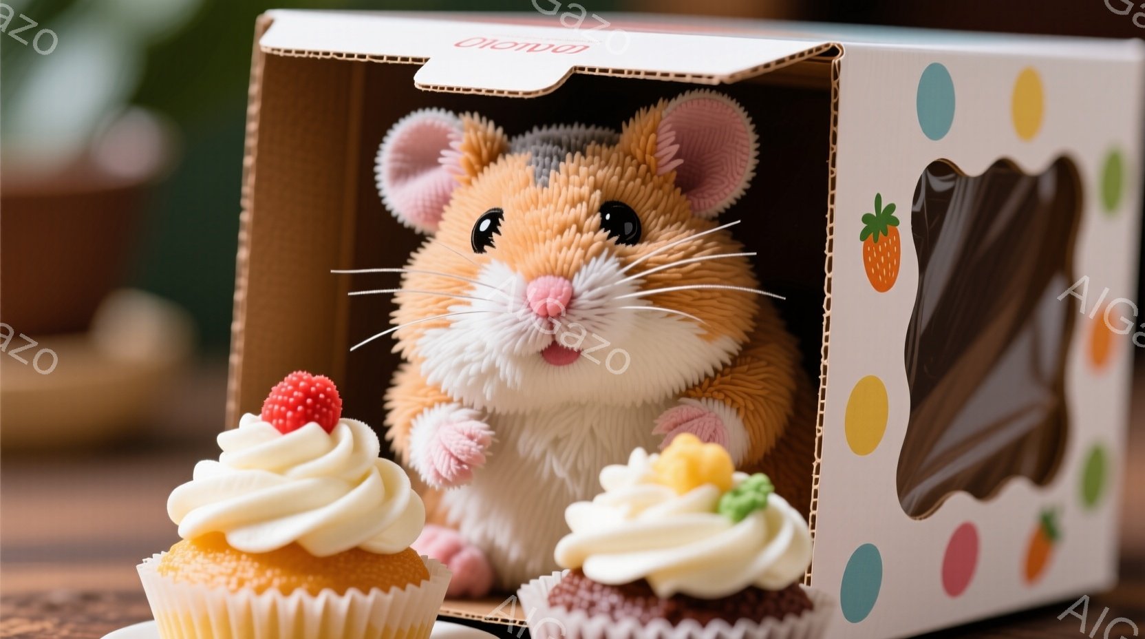 鮮やかな色の紙製の箱の中に、ふわふわの毛並みを持つハムスターが顔を出しています。ハムスターは丸い目をしており、少し微笑んでいるような表情で、箱の中からこちらを見ています。箱の周りにはクリームとベリーが飾られたカップケーキがいくつか置かれ、全体的に明るく、可愛らしい雰囲気が漂っています。
