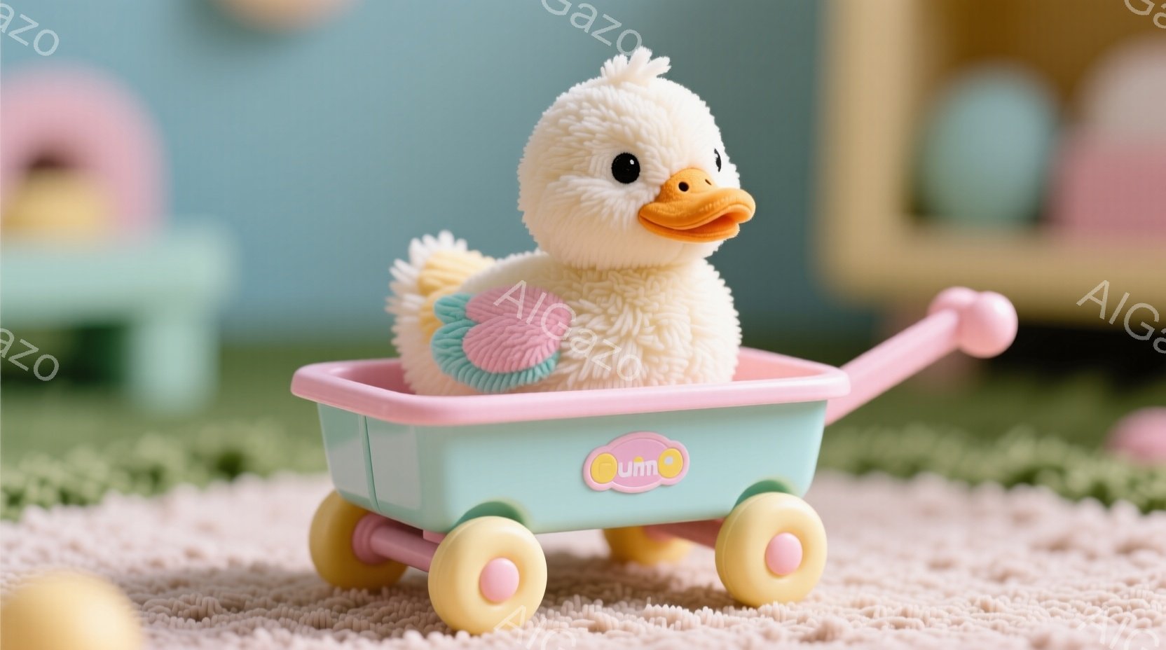 ふわふわの黄色いアヒルのぬいぐるみは、水色のワゴンの中に座っています。アヒルの頭には、ピンクと水色の小さな帽子のようなものが載っており、優しい表情をしています。背景は薄いピンク色の柔らかい素材で覆われ、パステルカラーの卵のようなものがぼんやりと見えます。