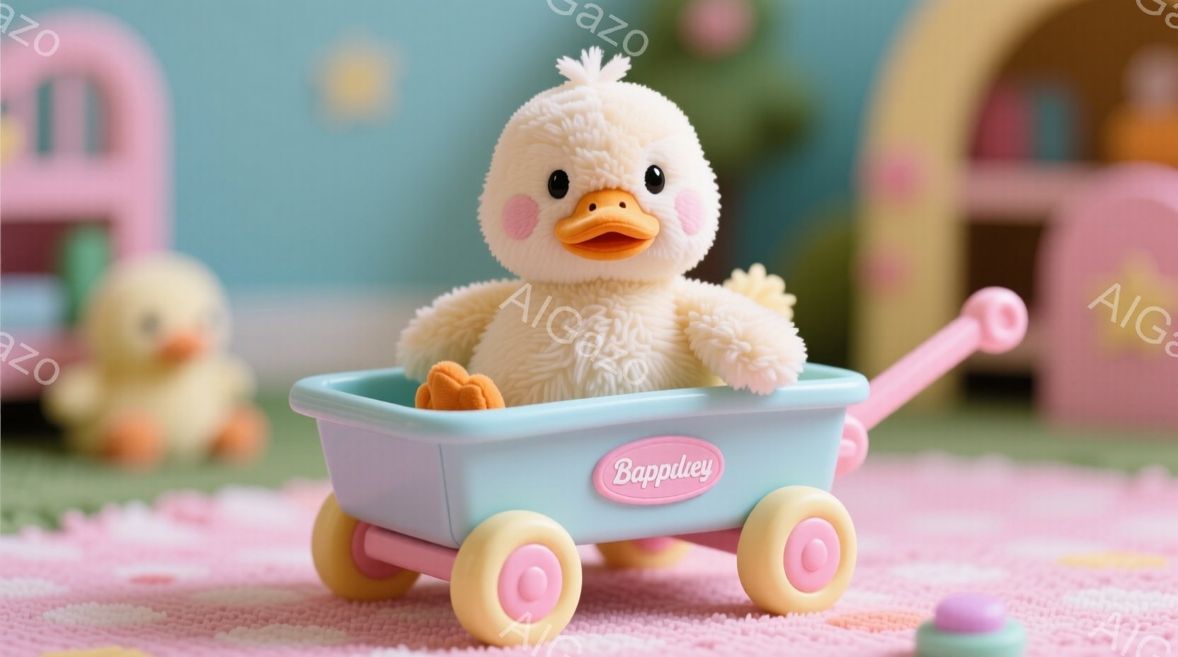 ふわふわのひよこが水色のワゴンの中に座っており、可愛らしい表情をしています。背景にはパステルカラーの建物や小物が散りばめられ、おとぎ話のような夢のある雰囲気を醸し出しています。全体的に柔らかい色使いと暖かな光が、ほのぼのとした幸福感を漂わせています。