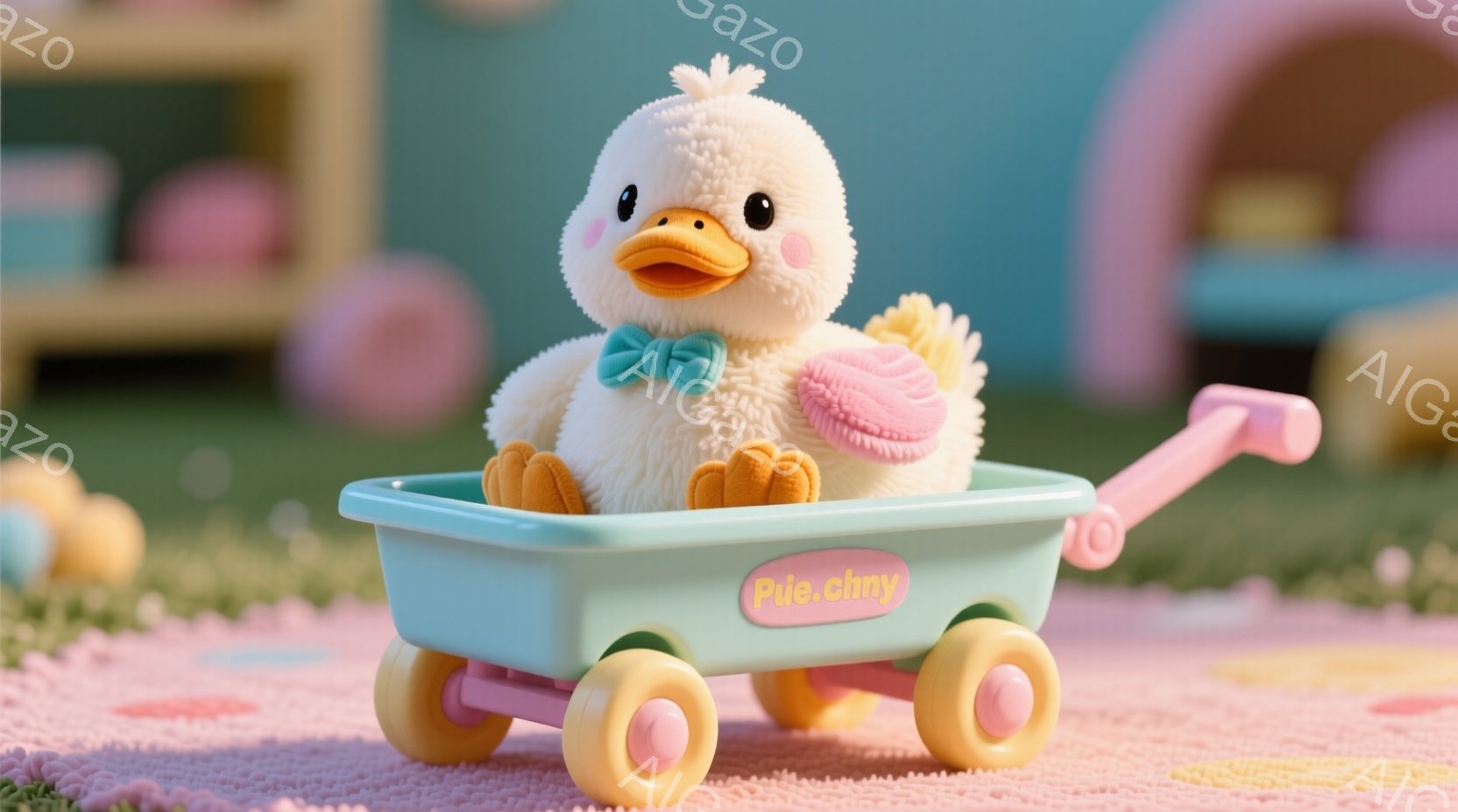ふわふわの白いアヒルのぬいぐるみは、水色のワゴンの中に座っており、首にピンクと白の縞模様のリボンをつけています。背景はピンクと水色のパステルカラーで、緑の芝生の上にワゴンが置かれ、遊び心のある雰囲気が漂っています。全体的に暖かく、優しい色調で、子供向けの可愛らしい世界観を表現しています。