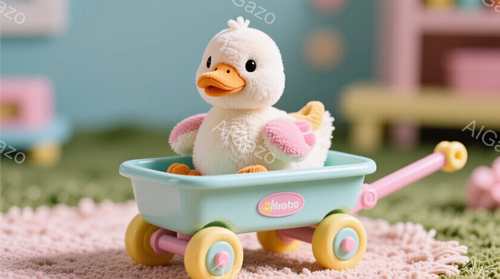 ふわふわの白いアヒルのおもちゃが、水色のワゴンに乗って写っています。アヒルはピンク色の小さな蝶ネクタイをつけており、楽しげな表情をしています。背景は緑色の芝生で、他のワゴンと建物のぼやけたシルエットが見え、明るく温かい雰囲気を醸し出しています。