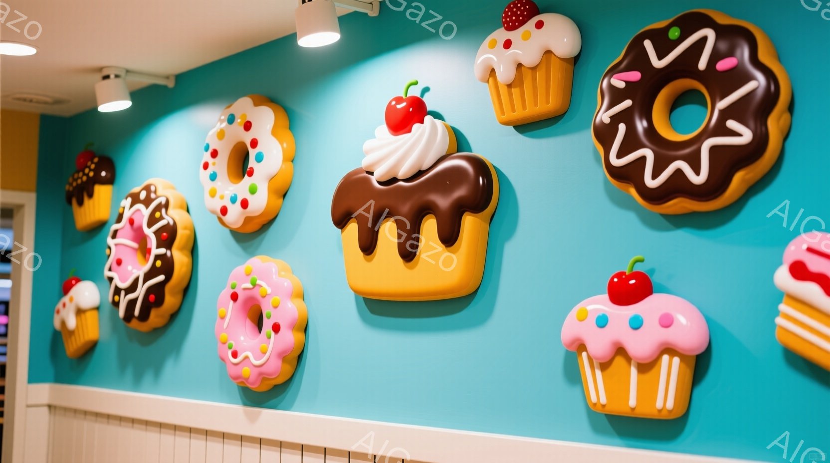 明るい水色の壁に、色とりどりのドーナツとカップケーキの立体的な装飾が並んでいる。それぞれのスイーツは、まるで本物のようなリアルな質感と鮮やかな色彩で、遊び心と楽しさを演出している。白い装飾のモールディ - AI生成フリー素材