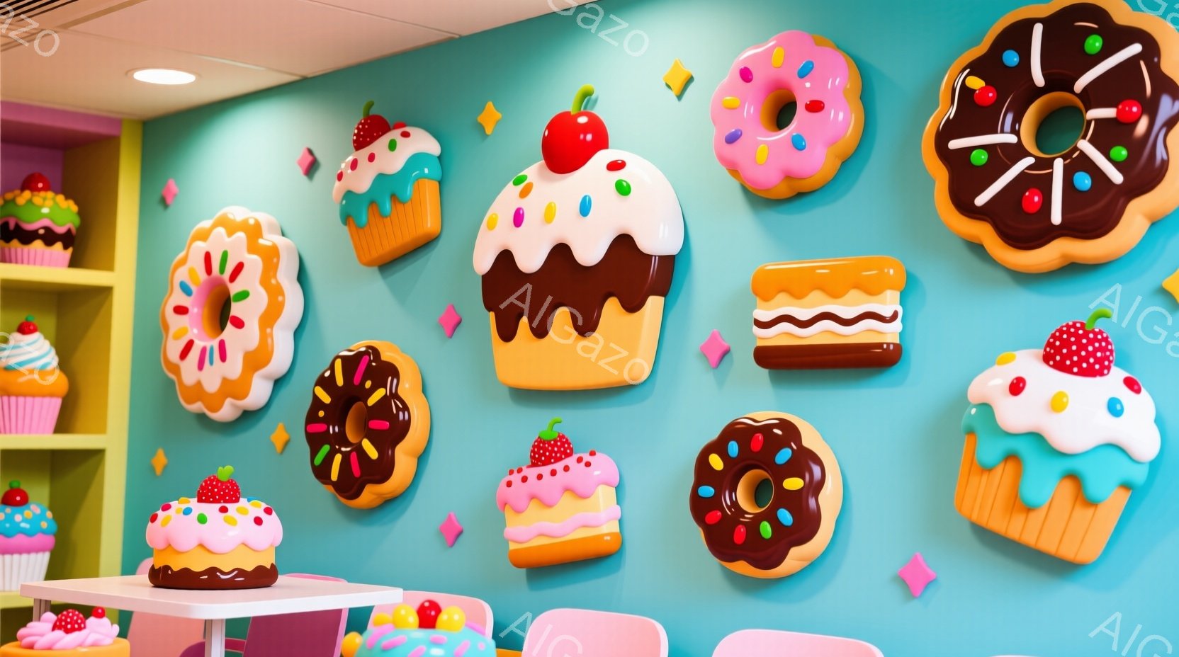 明るいターコイズブルーの壁に、巨大なドーナツとカップケーキの立体的な装飾が並んでいます。ピンク、茶色、白を基調としたお菓子たちは、クリームやスプリンクルが施され、遊び心のある空間を演出しています。背景 - AI生成フリー素材