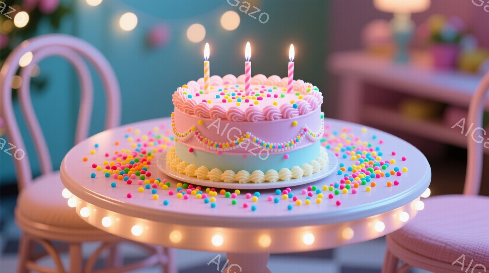 鮮やかなピンクと水色のデコレーションが施されたバースデーケーキが、白いテーブルの中央に置かれています。ケーキの上には2本のろうそくが灯り、テーブルの周りにはカラフルなスプリンクルが散りばめられています。背景は淡いピンク色の壁で、軽やかな光のイルミネーションが飾り付けられています。