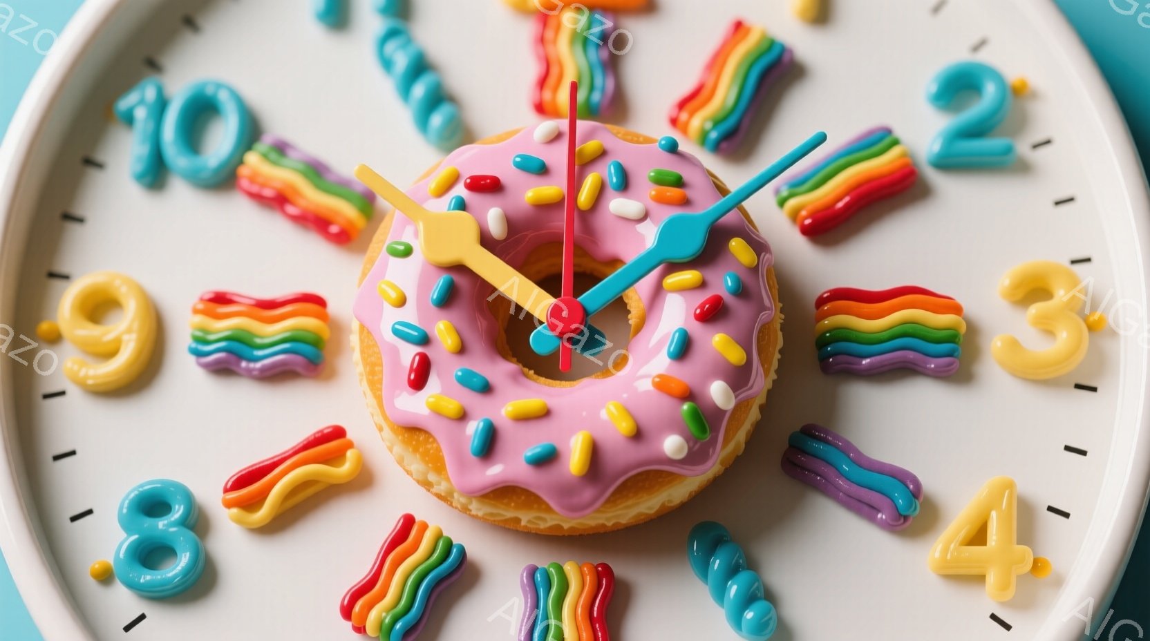 白い皿の上にドーナツが時計の代わりに配置されており、カラフルなスプリンクルが表面を覆っています。数字の代わりに、カラフルな粘土のようなおもちゃが配置されており、時針と分針がドーナツの中心を指しています。全体的にポップで遊び心のある雰囲気で、おやつと時間の概念を組み合わせたユニークなイメージです。