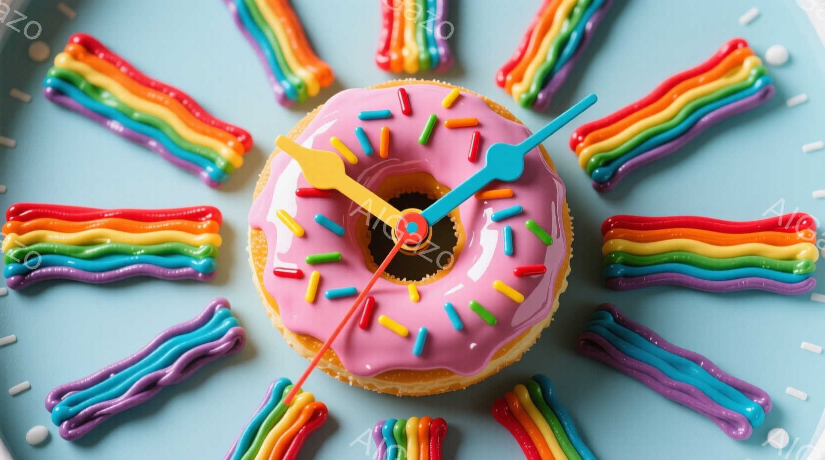 中央に位置する創造的に装飾されたドーナツは、時計の文字盤と手が見えるように配置されています。ドーナツにはピンク色のイチゴがけられ、虹色のスプレーでストライプ状にデコレーションされ、LGBTQ+プライドフラッグのようにカラフルな外観です。中央のドーナツを囲む周りのドーナツも小さなセグメントに分かれて虹色のパターンが描かれ、これらの要素は遊び心とユーモアあふれるビジュアル効果を生み出しています。