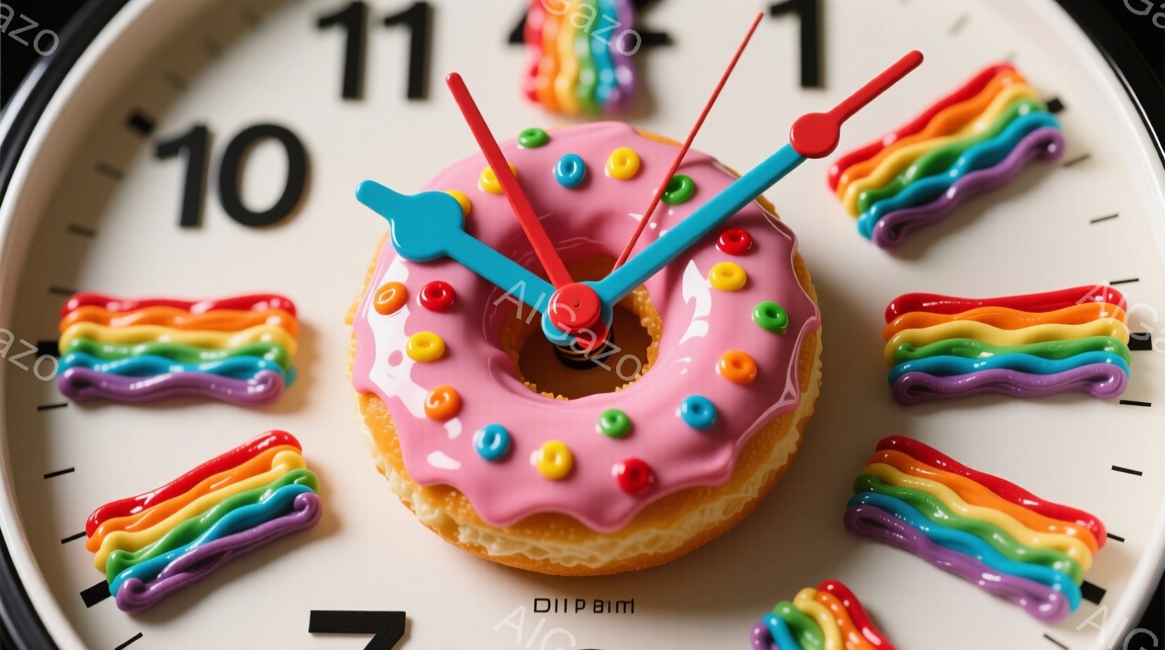 白い文字盤の時計が写っており、時間を示す針が取り付けられています。時計の数字の代わりに、カラフルなアイシングとスプリンクルで飾られたドーナツが取り付けられており、時間を示す代わりにその甘いお菓子が配置されています。ドーナツと針の鮮やかな色彩は、遊び心のある楽しい雰囲気を醸し出しています。