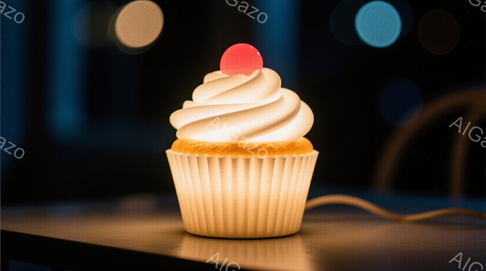 明るい光を放つ巨大なカップケーキの照明が、暗い背景の中で際立っている。カップケーキはクリーム色で、上には赤いチェリーが飾り付けられており、紙製のカップ部分は鮮やかな黄色を帯びている。光のぼやけが背景に - AI生成フリー素材