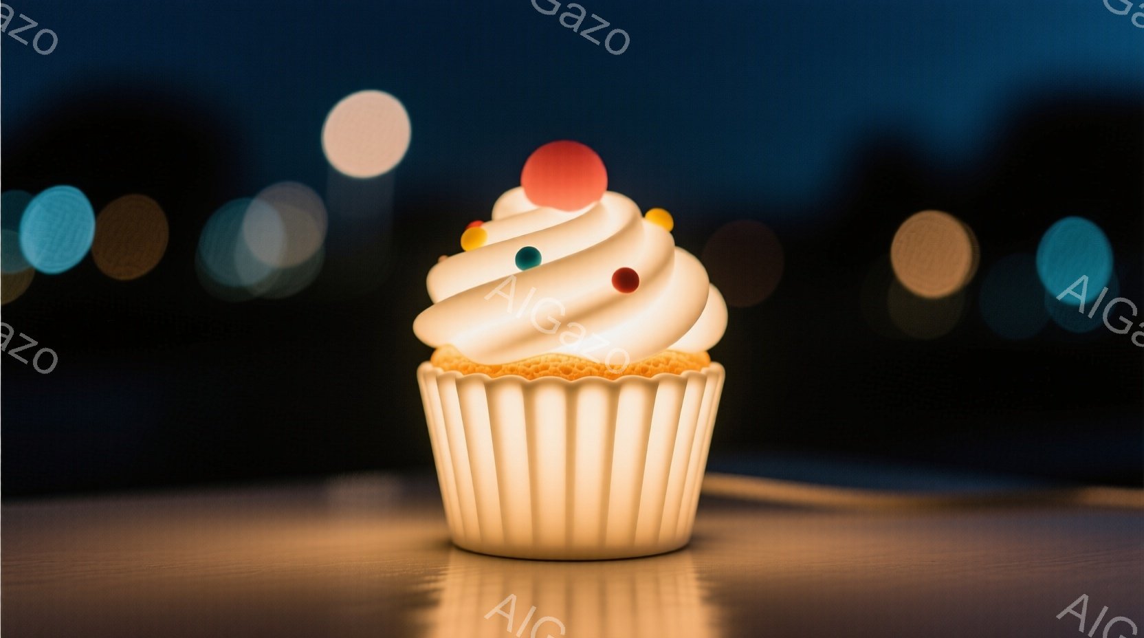 明るい光を放つカップケーキが、滑らかな木製の表面に置かれています。クリームは渦巻状に盛り付けられ、カラフルな小さな粒が飾られています。背景はぼやけた光の点々で、温かく幻想的な雰囲気を醸し出しています。 - AI生成フリー素材