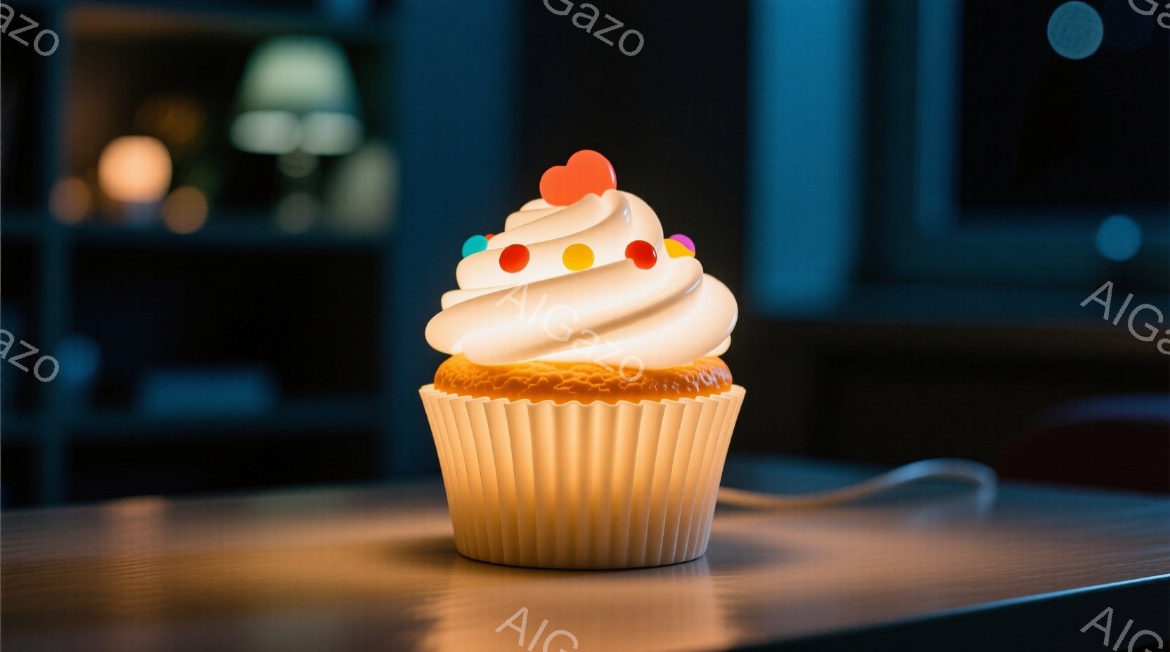 明るい光を放つカップケーキのランプが、木製のテーブルの上に置かれています。クリーム部分は白く、カラフルな粒状の飾りとハート型のトッピングが施されています。背景は暗く、ぼやけた家具が見え、全体的に温かく - AI生成フリー素材