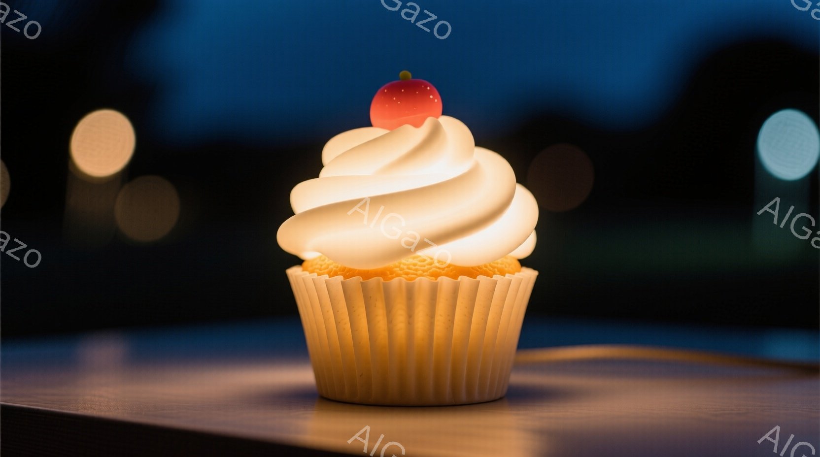 鮮やかなクリームと赤いチェリーが飾られたカップケーキが、木製のテーブルの上に置かれています。背景はぼかされており、暖色系の光がカップケーキを照らし出しています。全体的に温かく、甘い雰囲気が漂っています - AI生成フリー素材