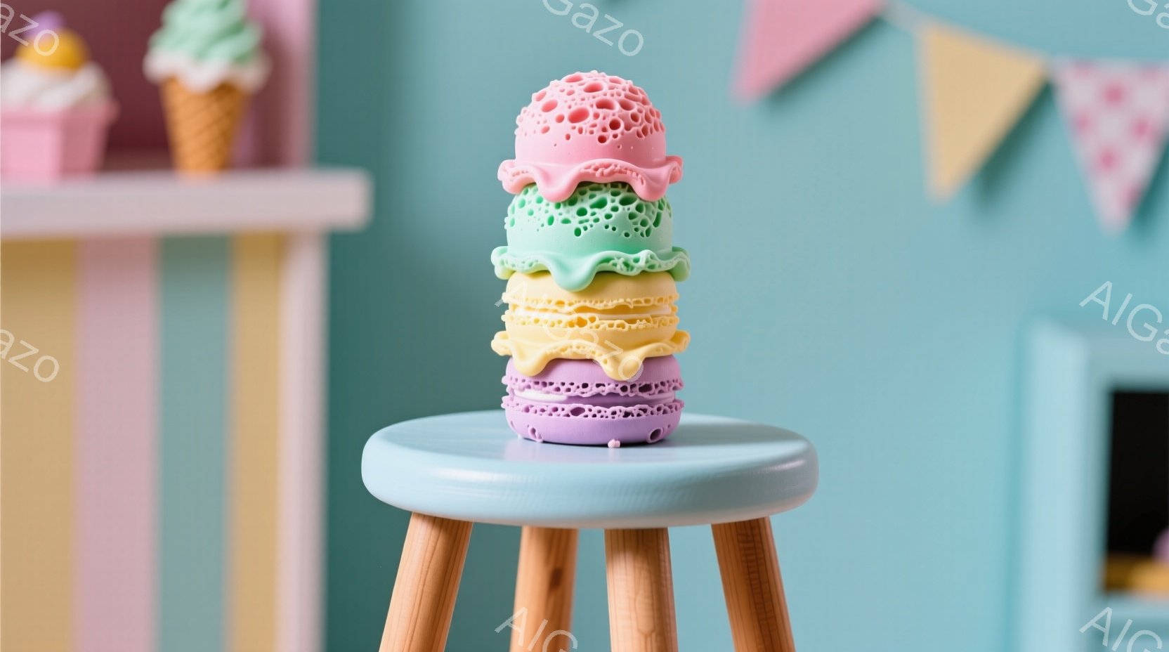 ターコイズブルーの背景に、木製の三本脚の椅子が置かれています。その椅子の上には、ピンク、緑、黄色、紫色の積み重ねられたおもちゃのような物体があり、まるでソフトクリームのようです。背景には、パステルカラ - AI生成フリー素材