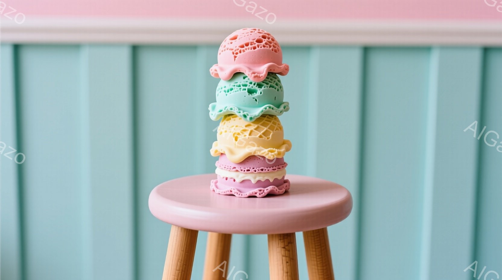 ピンク色の背景の前に、小さなピンク色のスツールの上に、マカロンが積み重ねられています。マカロンは紫色、黄色、水色、緑色、ピンク色の順に積み重ねられており、繊細なレース模様が施されています。全体的に、パステルカラーとレース模様が可愛らしく、優しい雰囲気を醸し出しています。