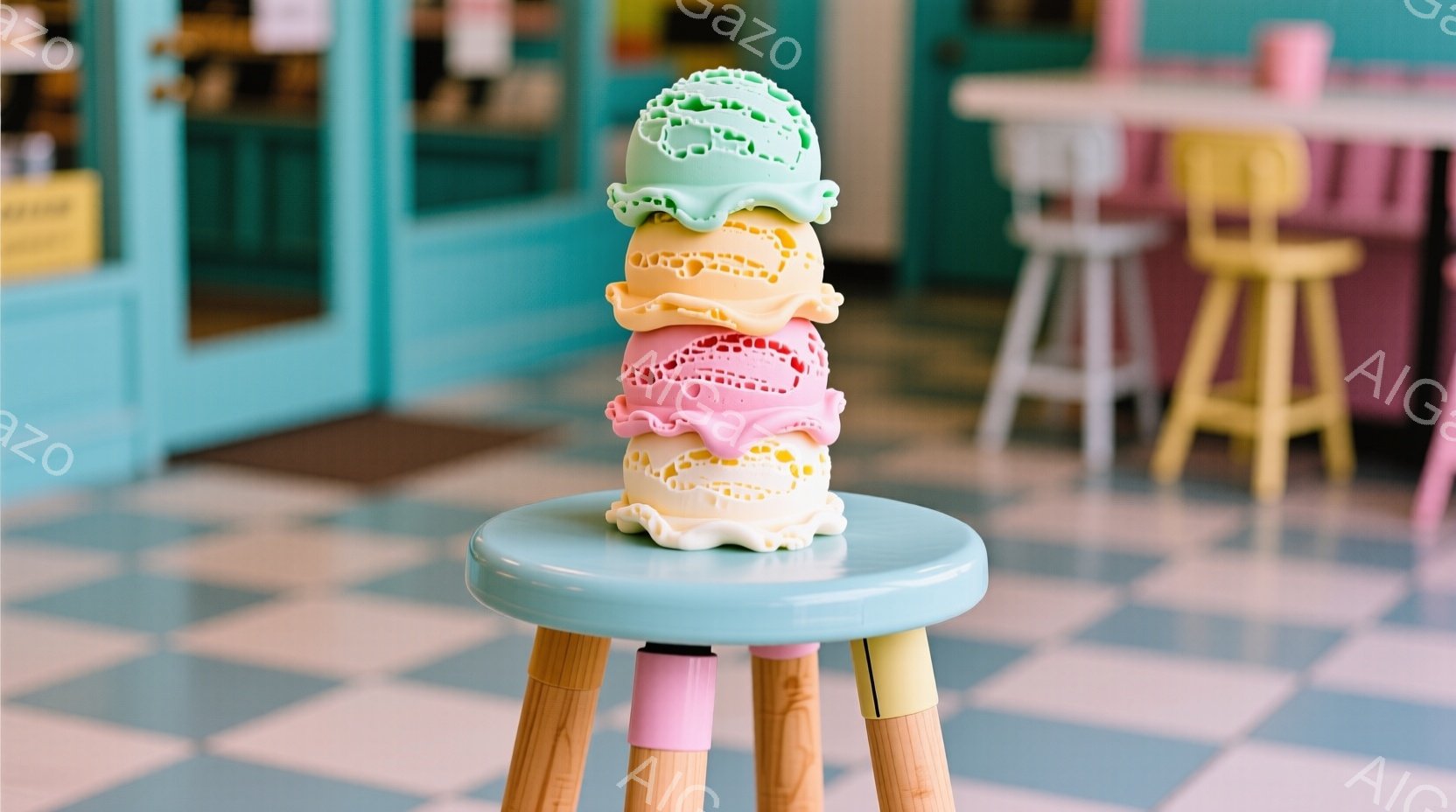 水色の床タイルと薄い青色のスツールの上に、積み重ねられたカラフルなアイスクリームの形をしたおもちゃが置かれています。背景には、他のスツールと、ぼやけた店の内部が見え、明るくポップな雰囲気です。全体的に、子供向けの楽しい遊び心のあるイメージが印象的です。