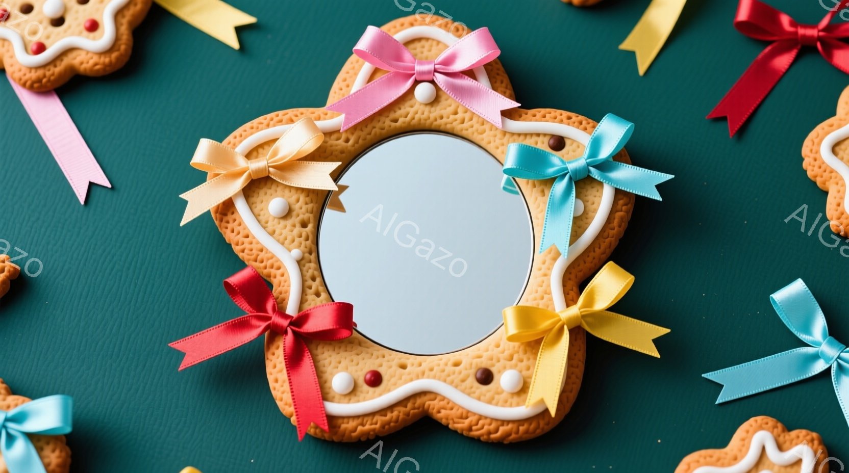 鮮やかな緑色の背景に、ジンジャーブレッドクッキーで作られたフレームが配置されています。フレームは星形をしており、白いアイシングで装飾され、赤、青、黄色、ピンクのリボンで飾られています。他のジンジャーブ - AI生成フリー素材