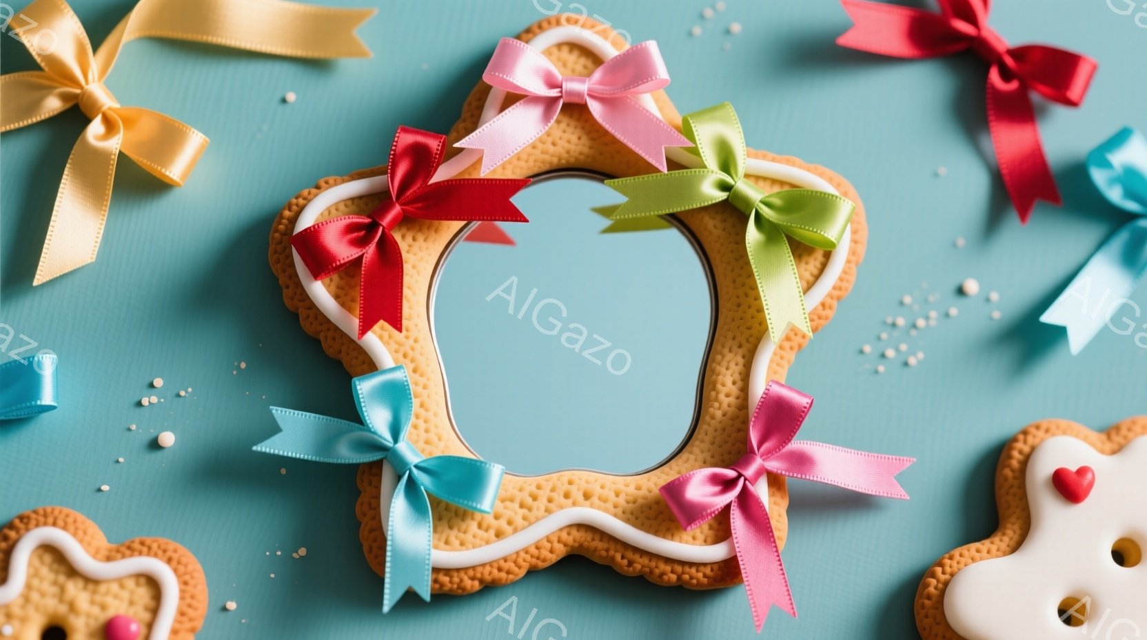 ターコイズブルーの背景に、アイシングが施されたジンジャーブレッドクッキーが散りばめられています。大きなジンジャーブレッドフレームは、さまざまな色のリボンで飾られ、他の小さなクッキーと共に可愛らしい雰囲 - AI生成フリー素材