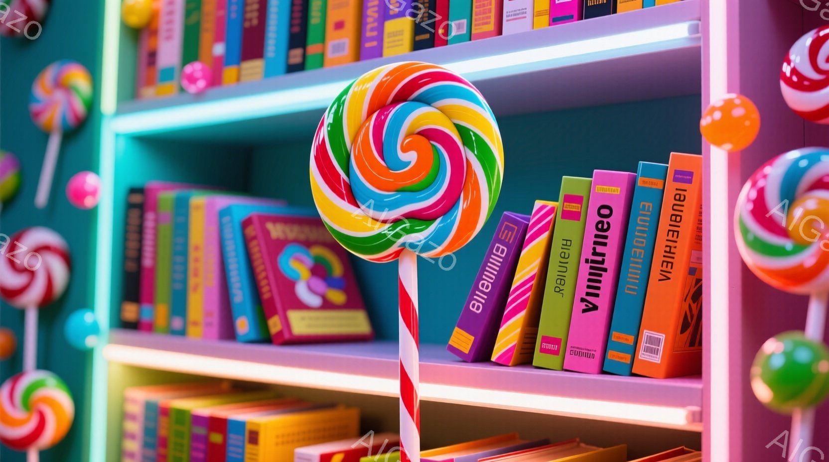 鮮やかなピンク色の本棚に、カラフルな棒付きキャンディーが並べられています。本棚には様々な色の本がぎっしりと並んでおり、キャンディーと本のコントラストが印象的です。全体的にポップで遊び心のある雰囲気で、 - AI生成フリー素材