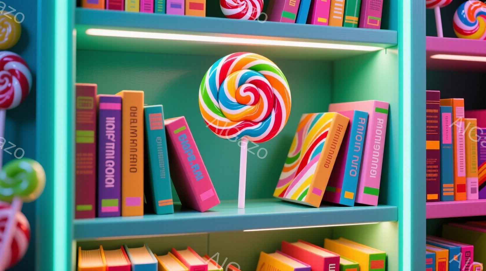 鮮やかな緑色の本棚に、様々な色の本が並んでいます。その中央には、虹色に輝く大きなキャンディが置かれており、まるで絵本の中のワンダーランドのような雰囲気を醸し出しています。本とキャンディのコントラストが、遊び心あふれる空間を作り出しています。