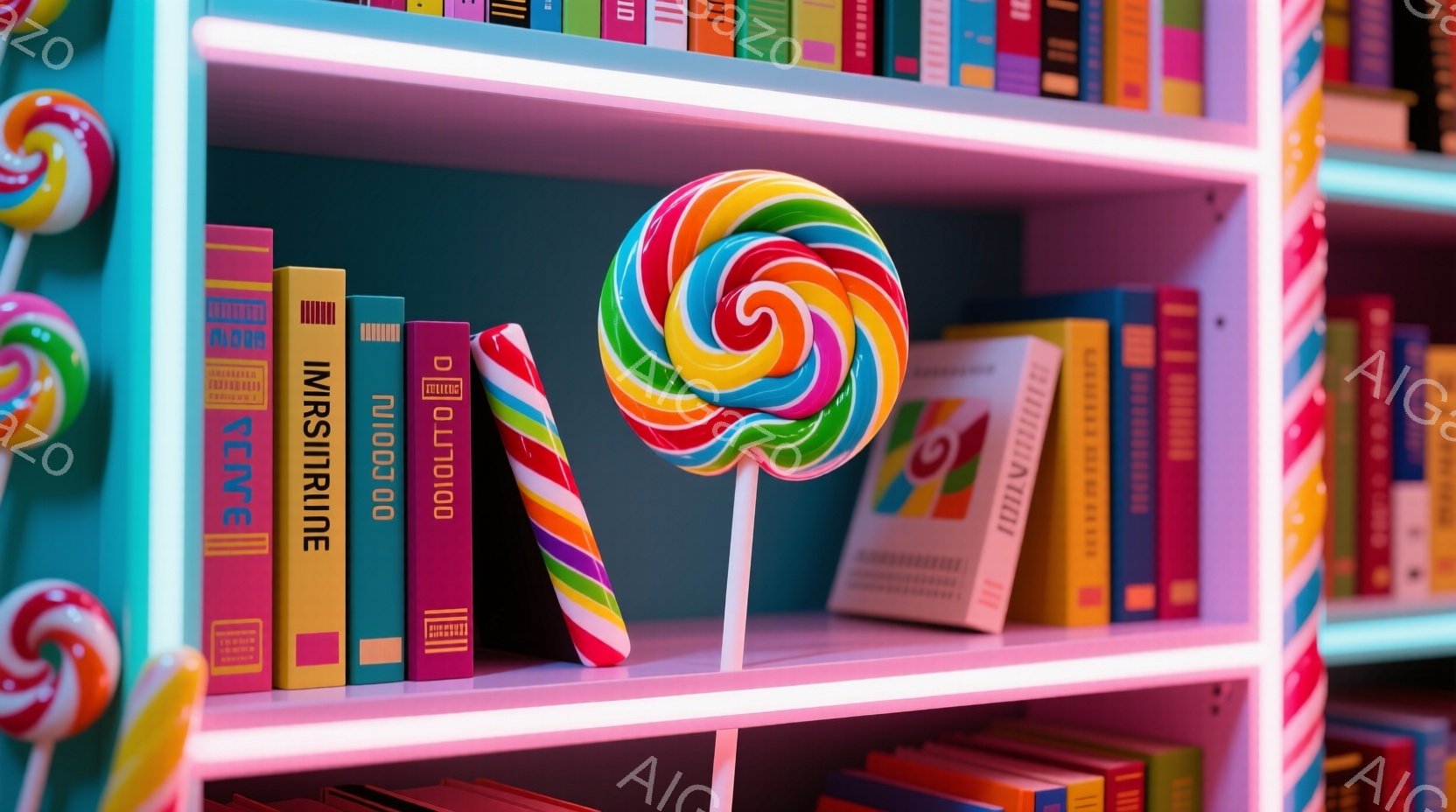鮮やかな色のキャンディーが本棚に並んでいます。キャンディーは赤、オレンジ、黄色、緑、青、紫のストライプで、カラフルで遊び心のある雰囲気を醸し出しています。背景は水色の壁で、様々な色の本が並び、全体的に - AI生成フリー素材