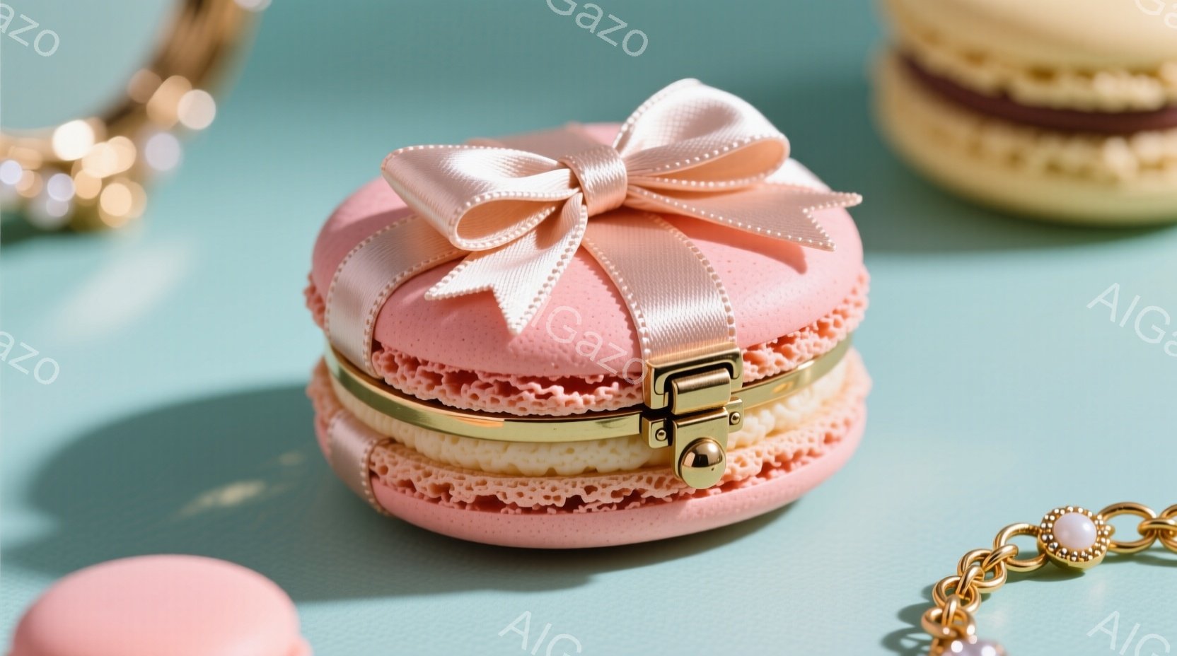 淡いピンク色のマカロンが、金色の留め金とリボンで装飾され、まるで宝石箱のような外観をしています。背景は水色の単色で、マカロンの他に金色のチェーンの一部と、ぼやけた別のマカロンがわずかに見えます。全体的に上品で可愛らしい、まるでファンタジーの世界のような雰囲気を醸し出しています。