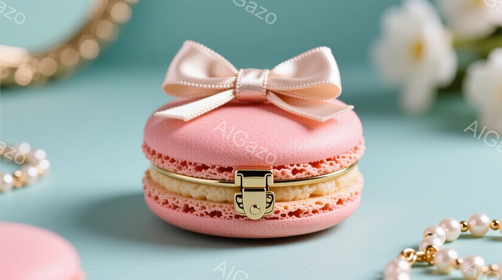 淡いピンク色のマカロンが、まるで小さな宝石箱のように金色の留め具とリボンで飾られています。背景は水色で、周囲にはパールや白い花が散りばめられ、優雅で可愛らしい雰囲気を醸し出しています。全体的にパステル - AI生成フリー素材