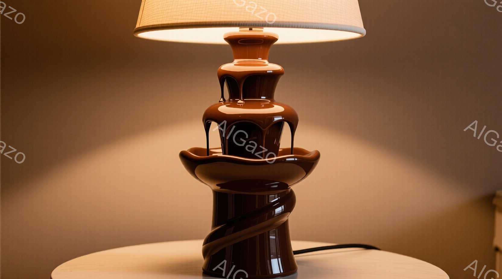 陶器製のユニークなテーブルランプが、クリーム色の円形のテーブルの上に置かれている。ランプの台座は、溶け出したチョコレートのようなデザインで、ねじれた形状が特徴的で、全体的に暖かく、落ち着いた雰囲気を感 - AI生成フリー素材
