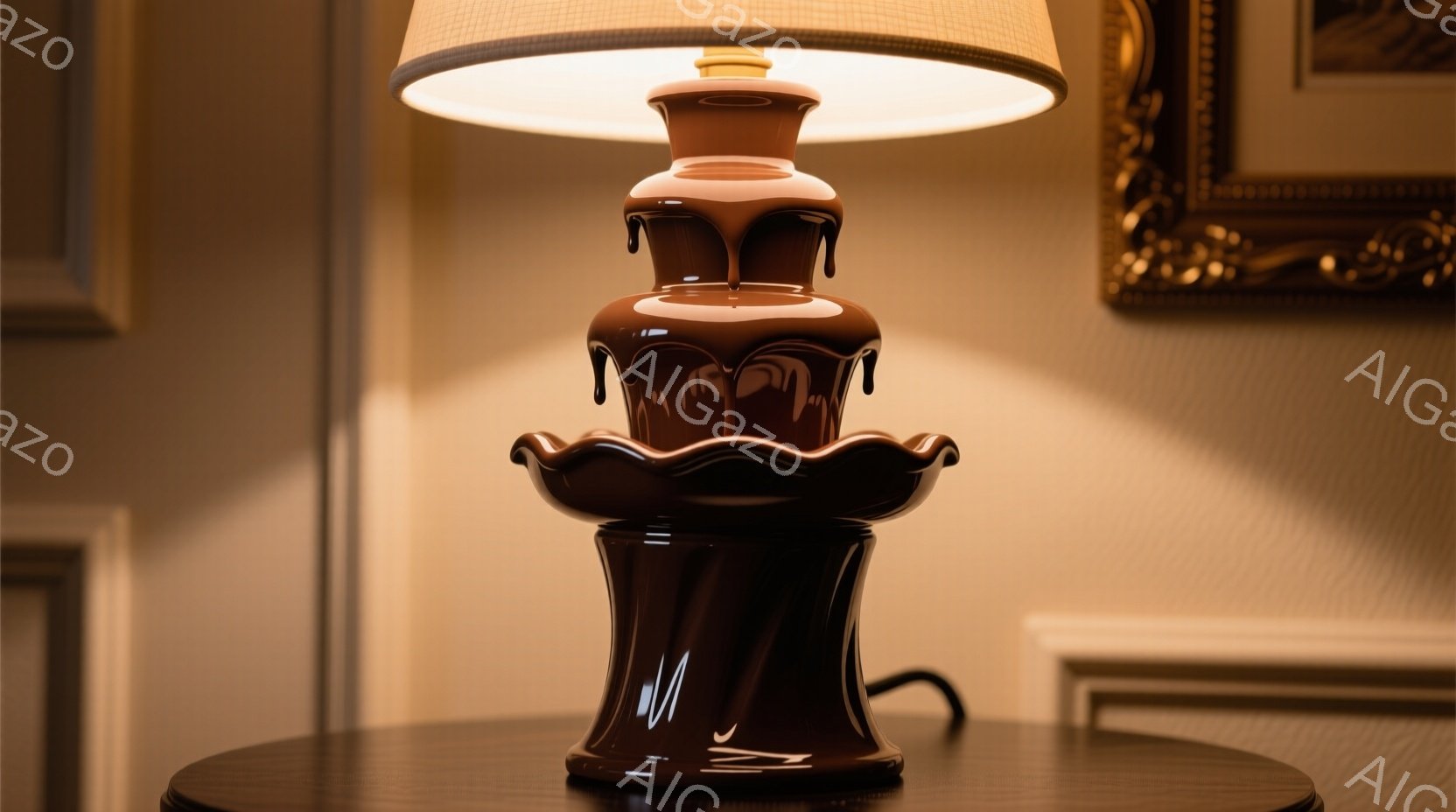 濃い茶色の陶器製のランプが、丸いテーブルの上に置かれています。ランプの台座は、溶けたチョコレートのようなデザインで、独特の曲線とテクスチャを持っています。背景には、淡いベージュ色の壁と、装飾的なフレー - AI生成フリー素材