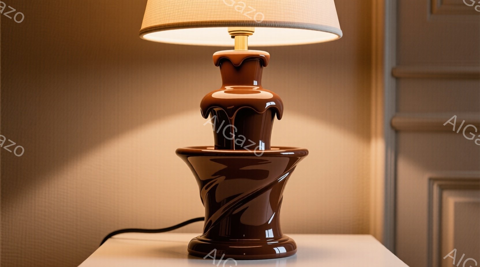 チョコレートが溶け出したようなデザインのテーブルランプが、クリーム色の壁の前にある白いテーブルの上に置かれています。ランプのシェードは明るい色で、暖かい光を放っています。背景はシンプルな壁紙で、部屋全 - AI生成フリー素材