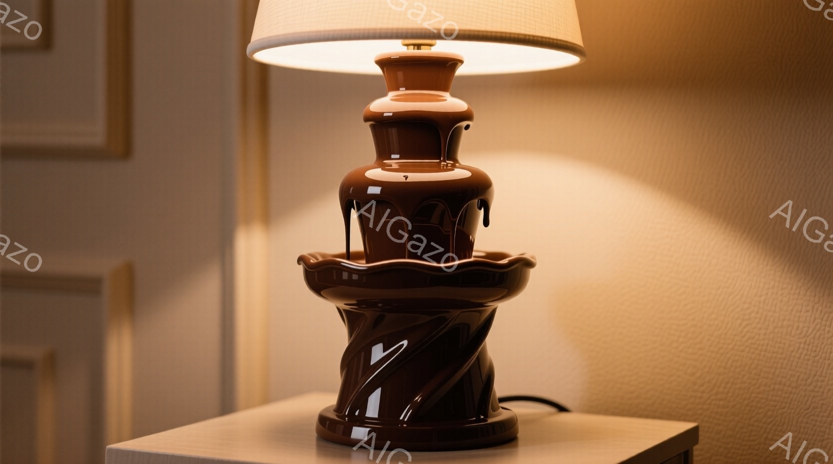 チョコレートが溶け出したようなデザインのテーブルランプが、明るいベージュ色のテーブルの上に置かれています。ランプの台座は茶色の流れるような曲線で、上部にはクリーム色のシェードが付いています。背景はテク - AI生成フリー素材