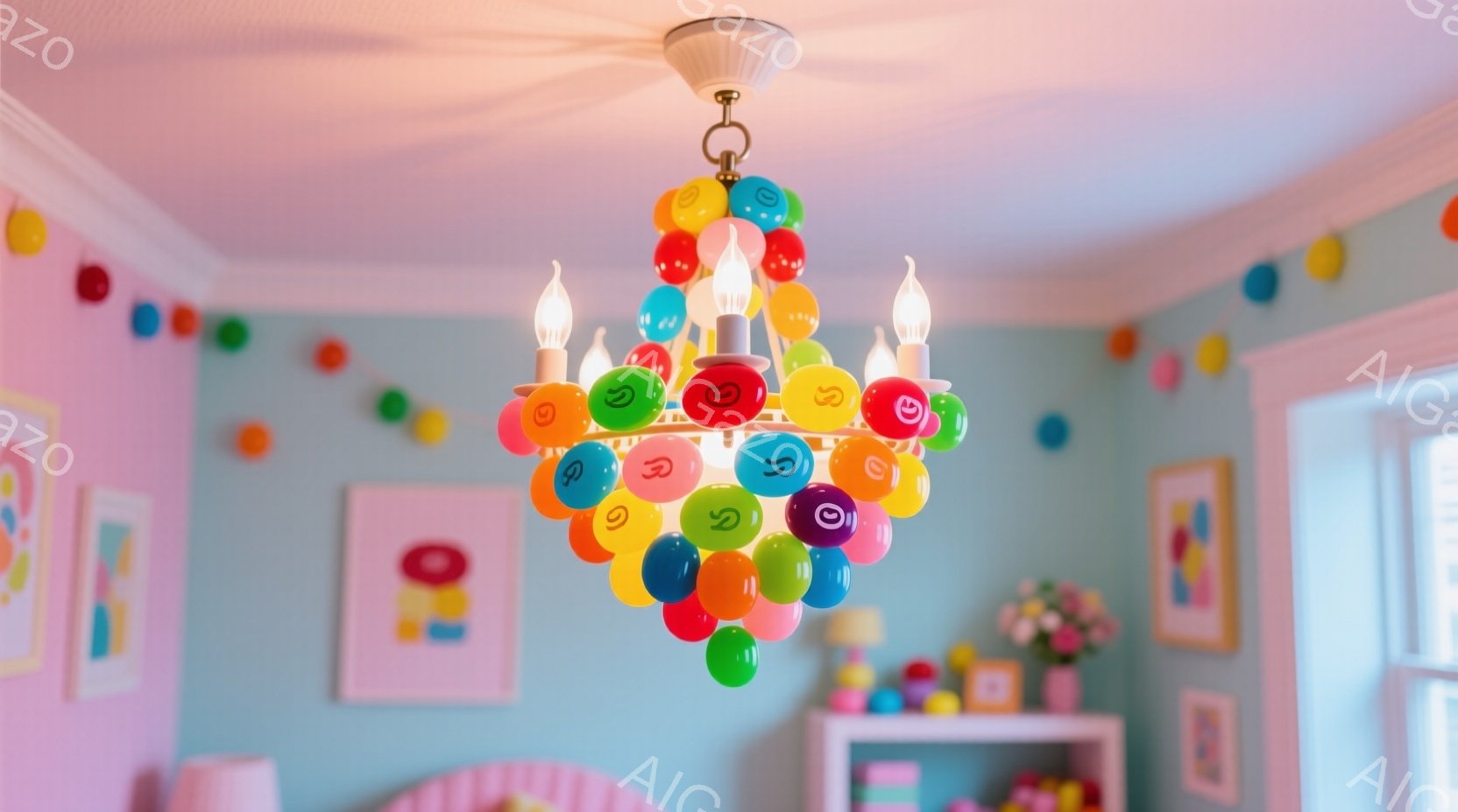 鮮やかな色の風船で作られたシャンデリアが部屋の中央に吊り下げられています。壁は水色で、抽象的な絵画やカラフルなおもちゃが飾られた棚が置かれています。全体的に明るく、遊び心に満ちた、子供部屋のような雰囲 - AI生成フリー素材