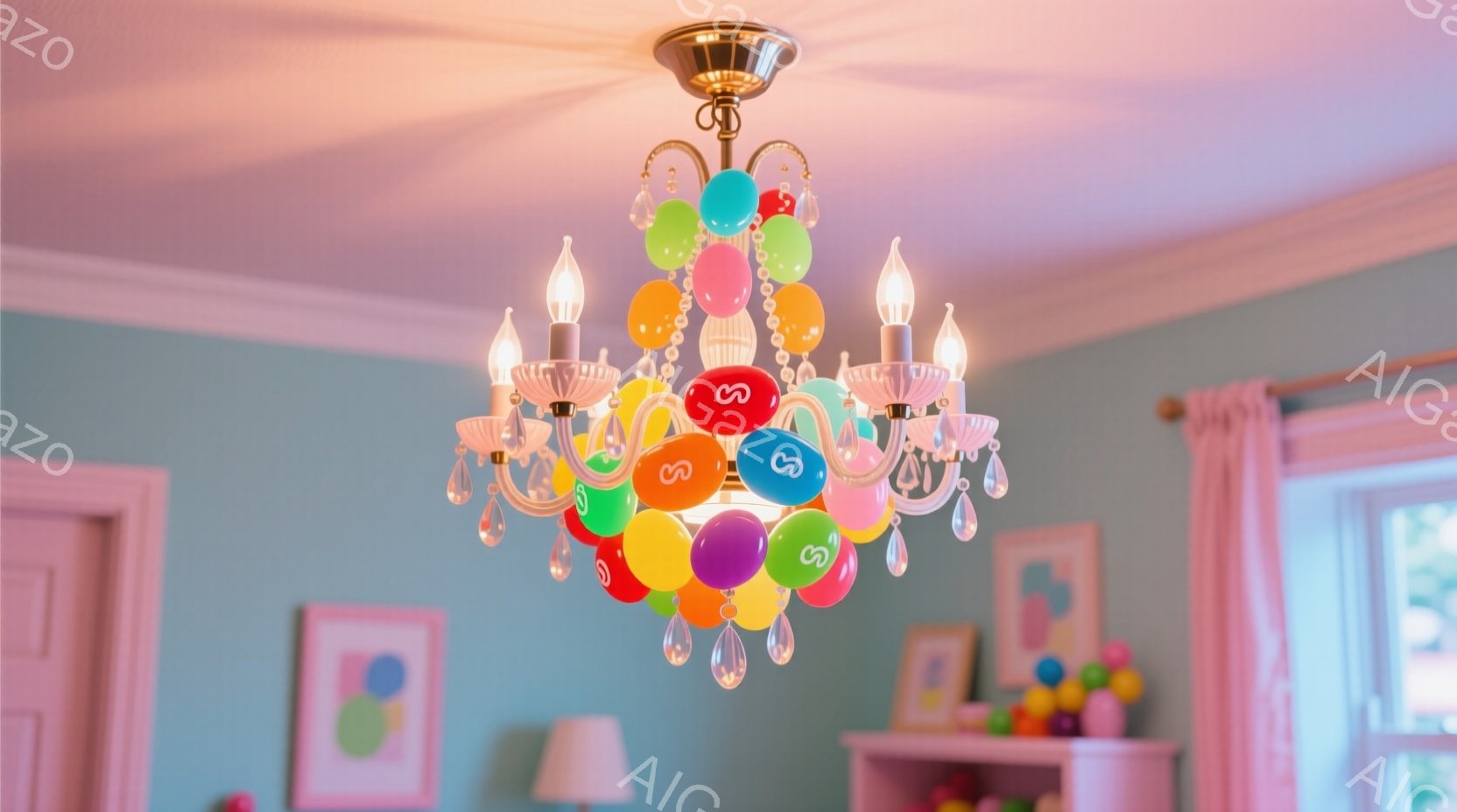 天井から吊り下げられたシャンデリアが、カラフルな風船で飾られています。明るい緑色の壁と、ピンク色のドア、そして飾られた壁画が背景にあり、お祝いの雰囲気を醸し出しています。シャンデリアの光と風船の色が、 - AI生成フリー素材