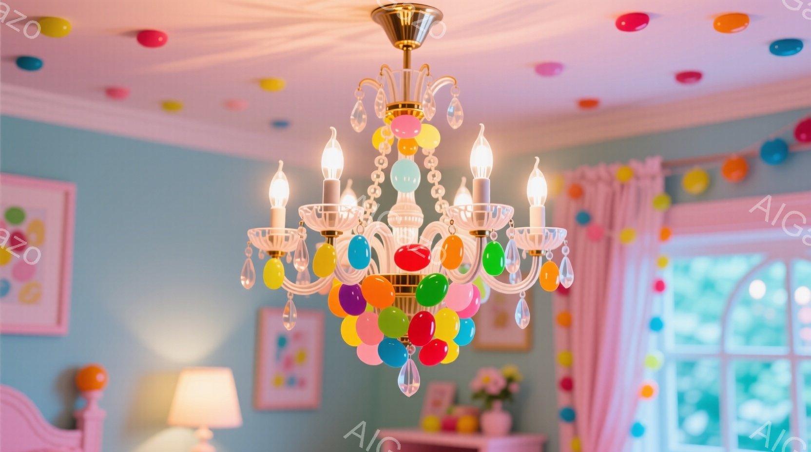 豪華なシャンデリアから色とりどりの風船がぶら下がった、明るいパステルグリーンの部屋が写っている。背景には、花柄の絵画や間接照明、窓の外には緑豊かな庭が見え、お祝いやパーティーのような華やかな雰囲気が漂う。全体的に、遊び心があり、夢のような空間を表現している。