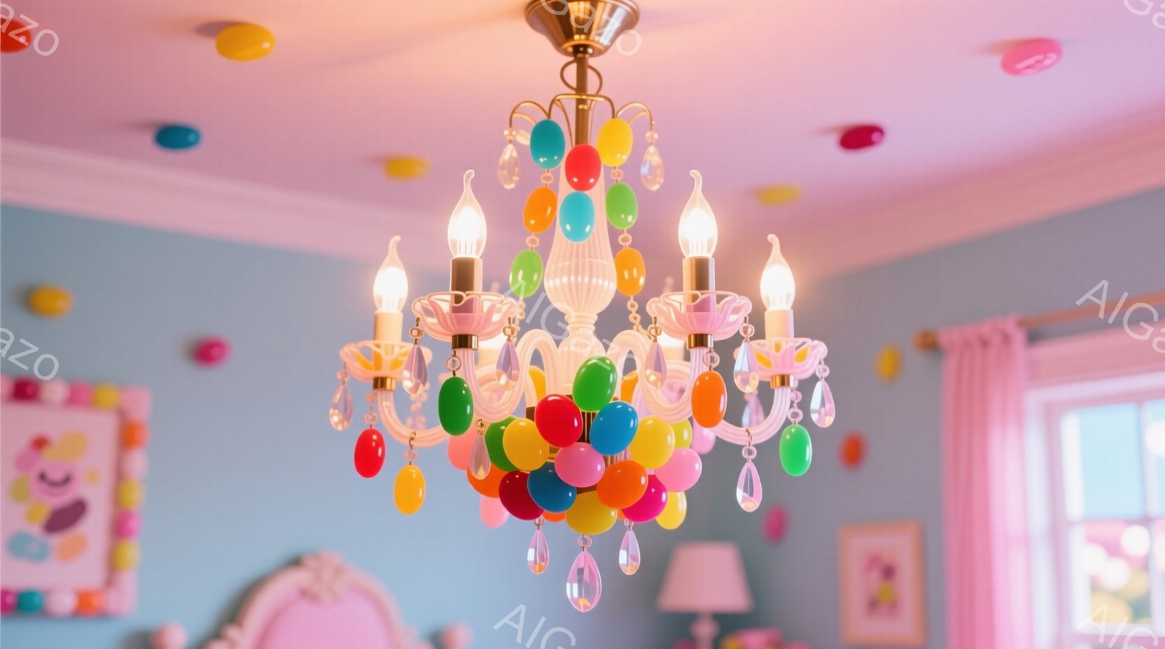 天井から吊り下げられたシャンデリアが印象的な室内です。シャンデリアには、まるでキャンディーのようなカラフルな球体が取り付けられており、遊び心にあふれた空間を演出しています。背景には、ピンク色のベッドと - AI生成フリー素材