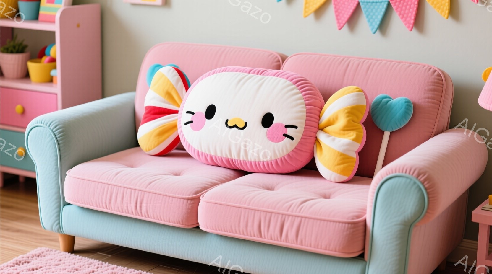 明るいピンクと水色のソファに、可愛らしいピンク色のクッションが置かれています。クッションはキャンディーのようなデザインで、まるで笑顔の顔のように見えます。背景には、おもちゃや本が収納された棚があり、遊び心のある子供部屋の雰囲気です。