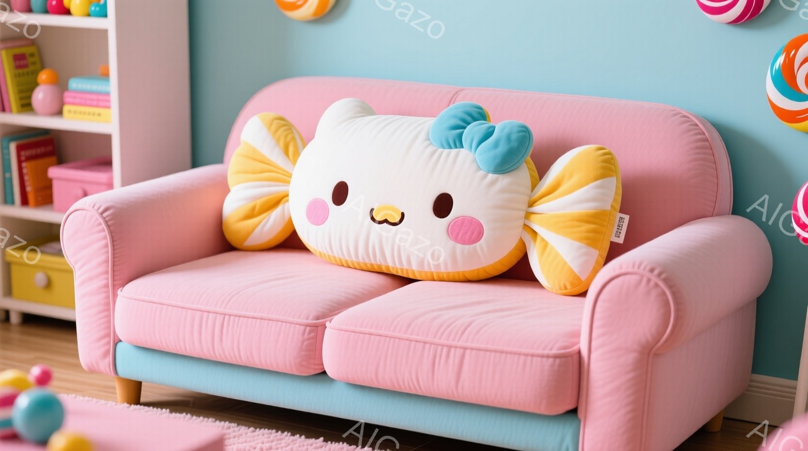 鮮やかなピンク色のソファに、大きな鯛の形をしたクッションが置かれています。クッションは白を基調とし、オレンジと黄色で縁取られ、可愛らしい表情をしています。背景には、カラフルな収納ボックスが並んだ棚と、 - AI生成フリー素材