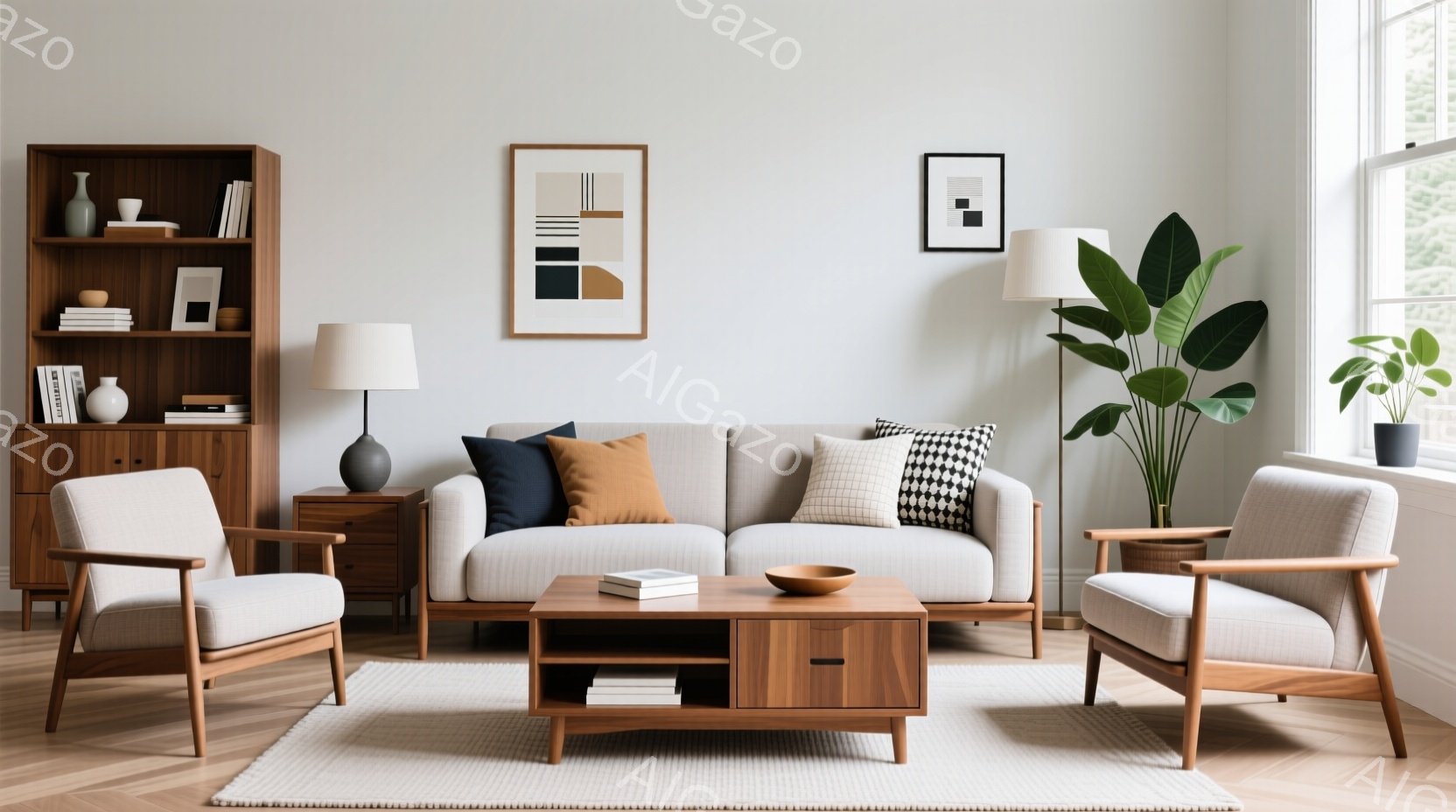 明るいリビングルームの様子で、クリーム色のソファと木製の椅子が配置されています。部屋にはモダンなアート作品が飾られており、自然光が差し込む窓からは穏やかな雰囲気が感じられます。全体的に落ち着いた色調で - AI生成フリー素材